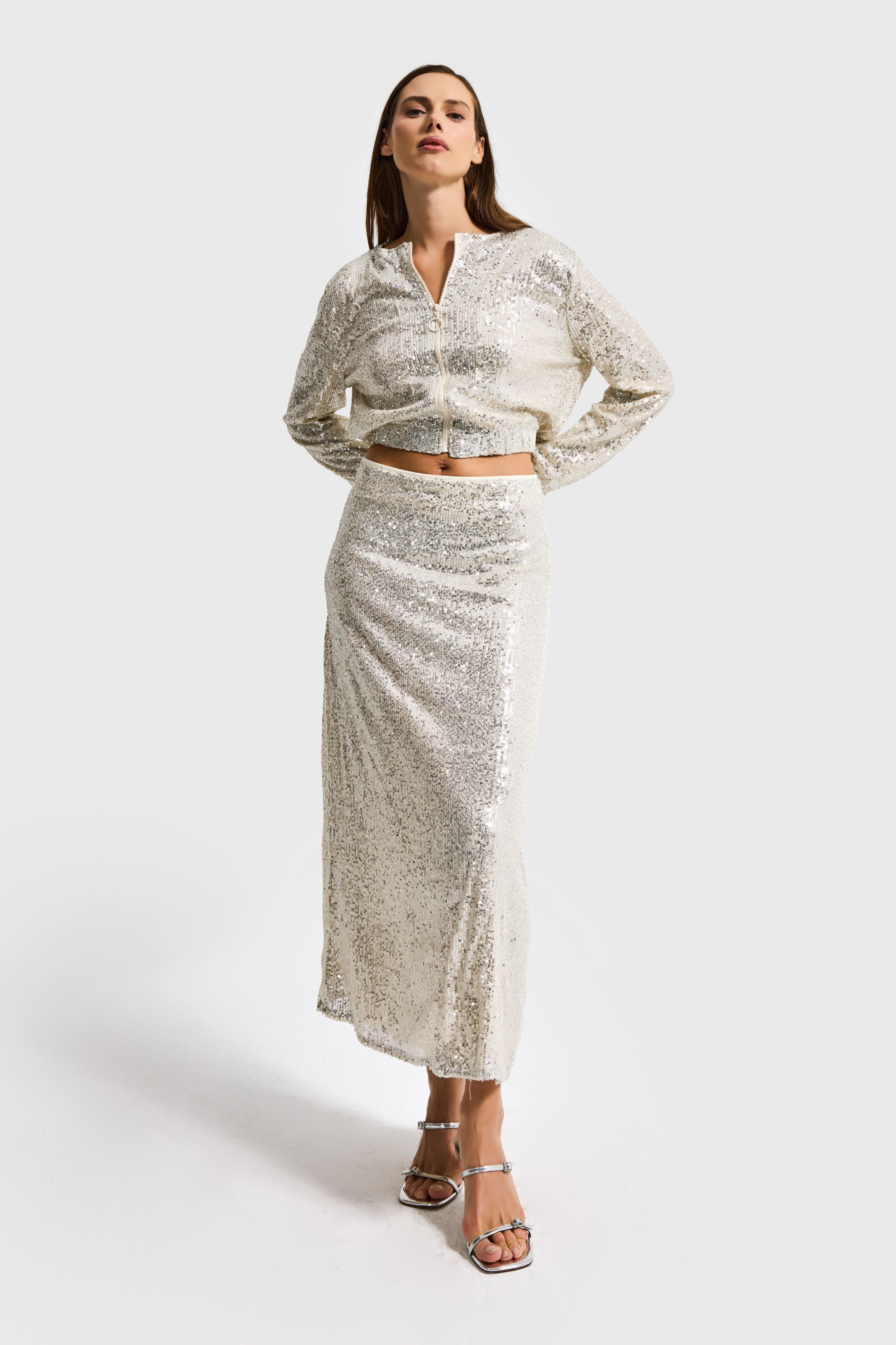 Kadın Ekru Renk Maxi Boy Pul Payetli Tasarım Etek