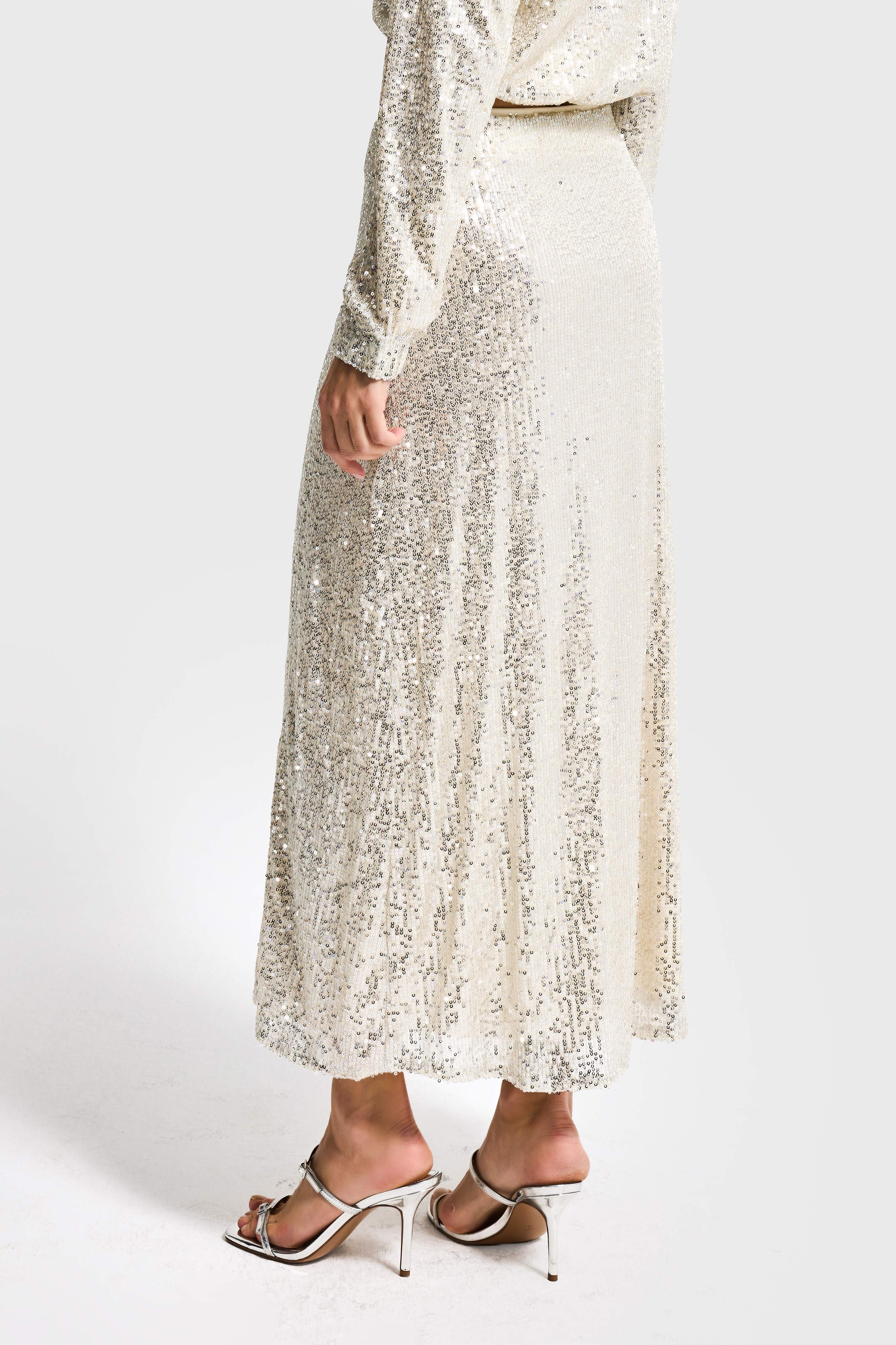Kadın Ekru Renk Maxi Boy Pul Payetli Tasarım Etek