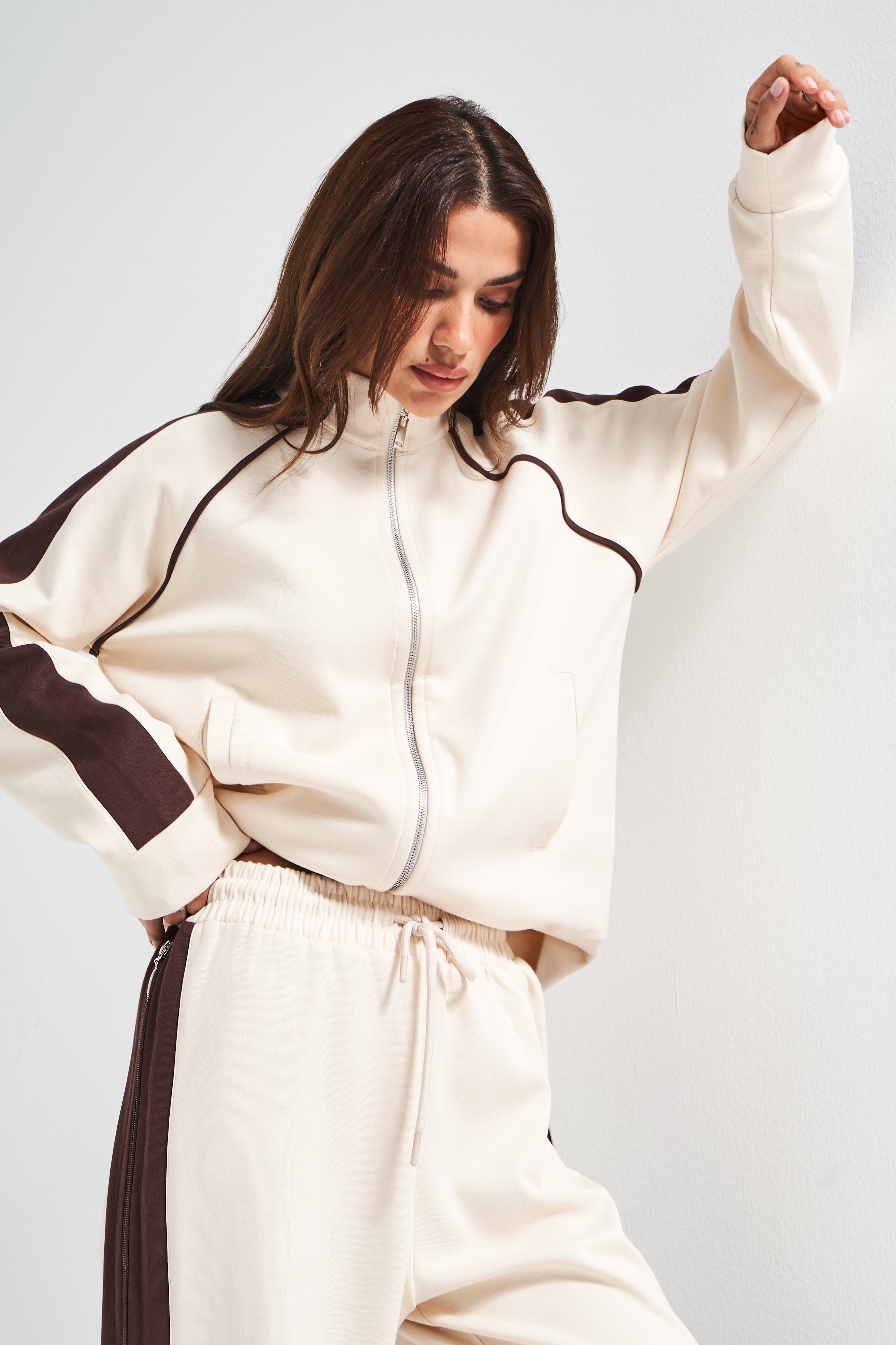 Kadın Ekru Renk w5-101 Örme Kumaş Sweatshirt Polar Alt Eşofman 2'li Kombin Tasarım Takım