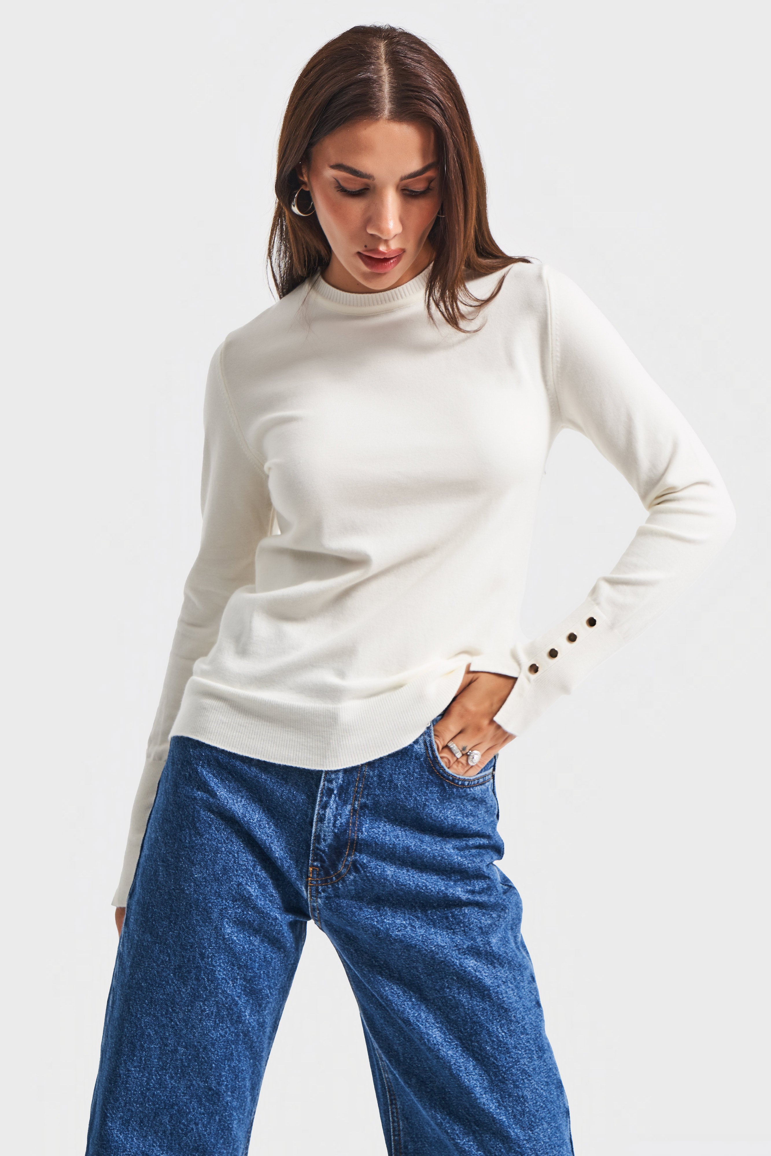 Kadın Ekru Renk w5-101 Örme Triko Kumaş Bisiklet Yaka Kol Aksesuarlı Triko