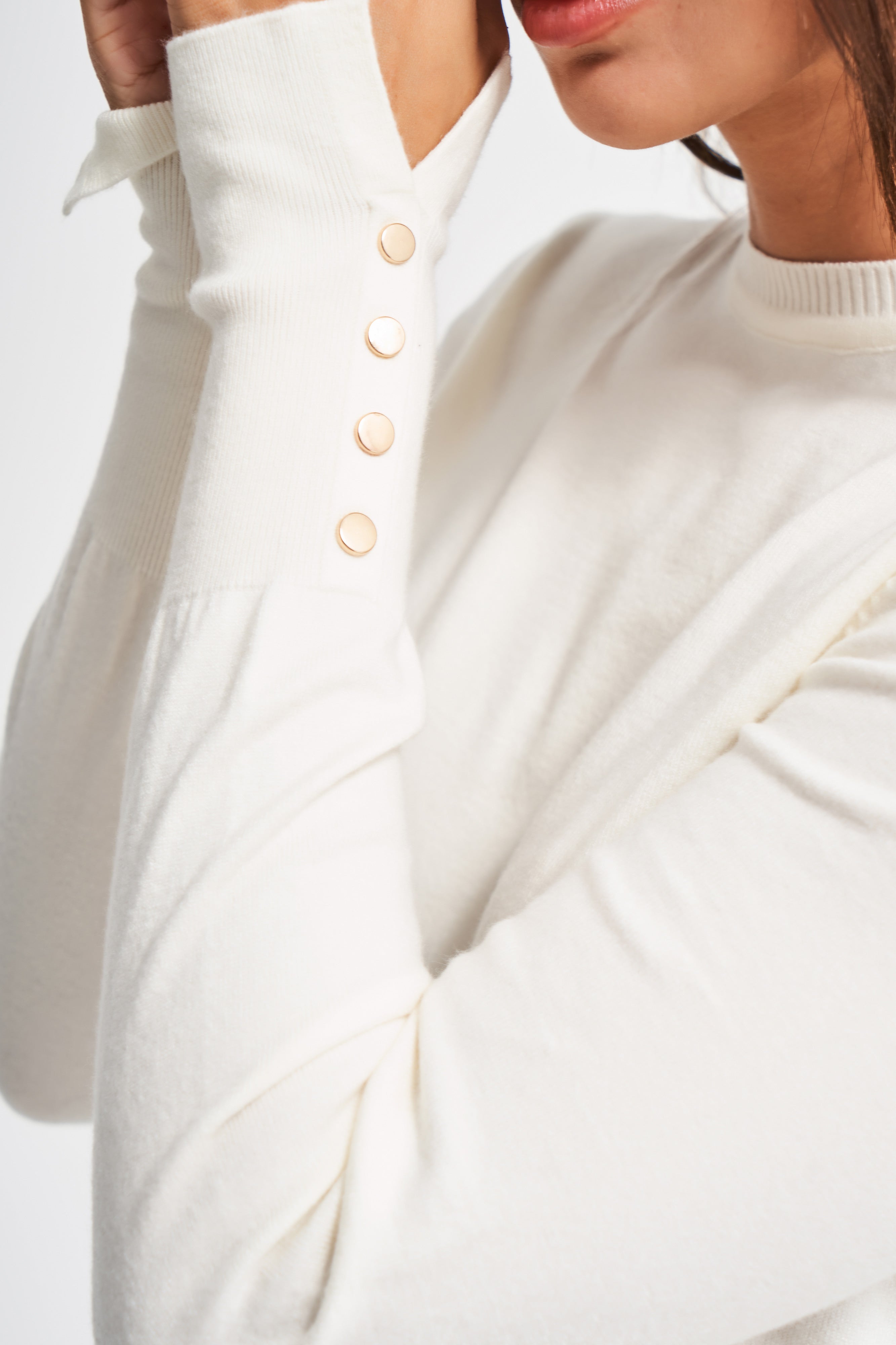 Kadın Ekru Renk w5-101 Örme Triko Kumaş Bisiklet Yaka Kol Aksesuarlı Triko