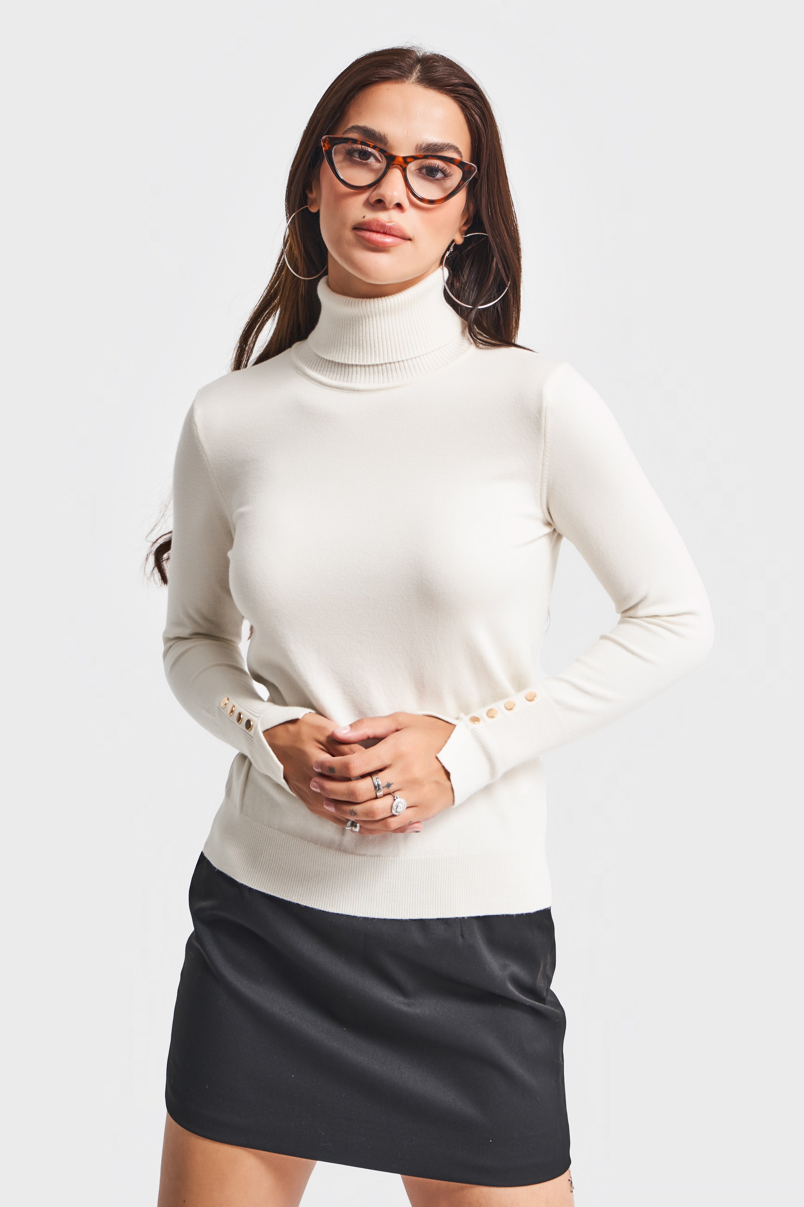 Kadın Ekru Renk w5-101 Yumuşak İnce Triko Kumaş Balıkçı Yaka Triko Kazak