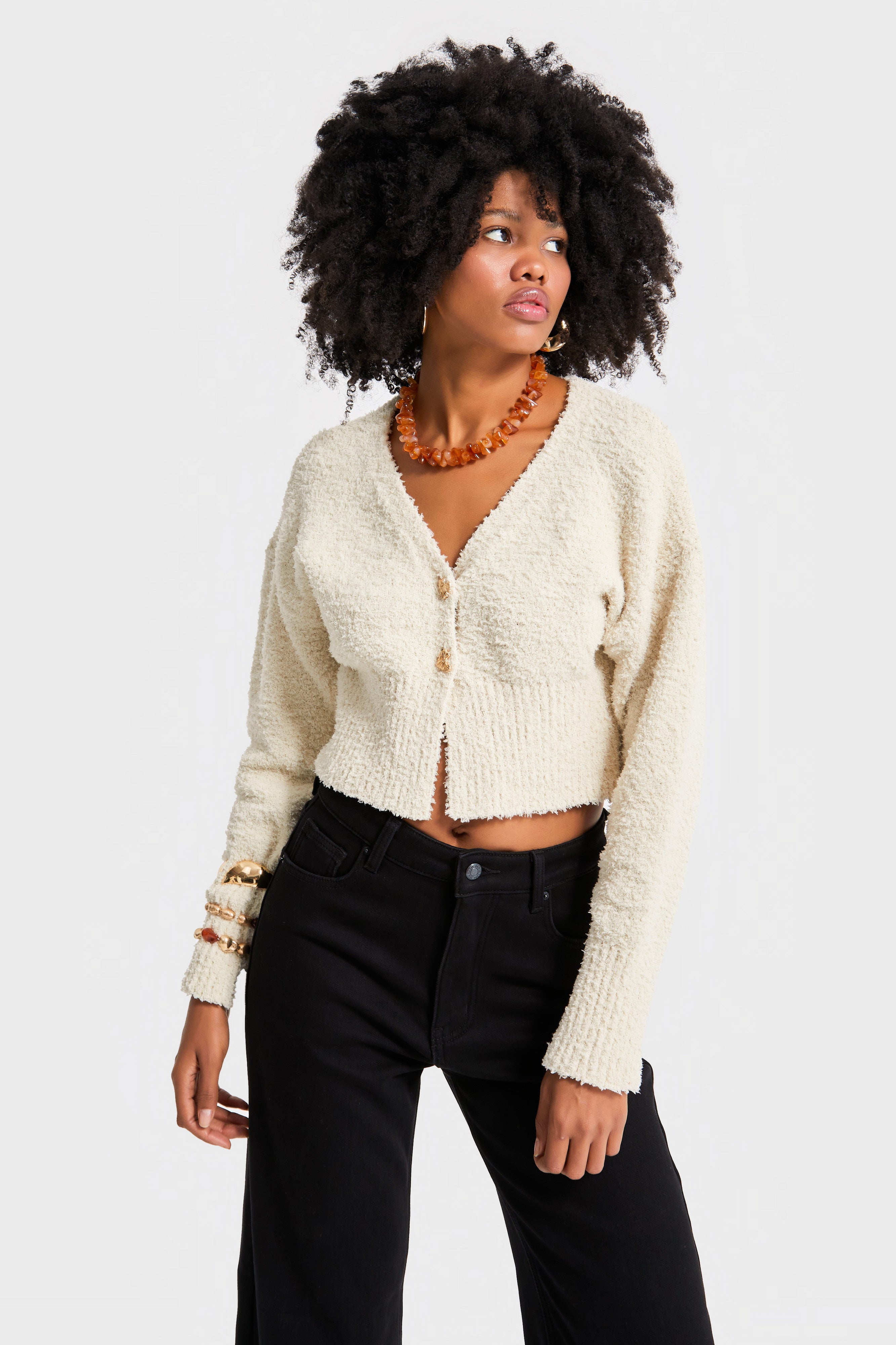 Kadın Ekru Renk w5-105 Aksesuar Detaylı Püsküllü Kumaş Kazak Hırka