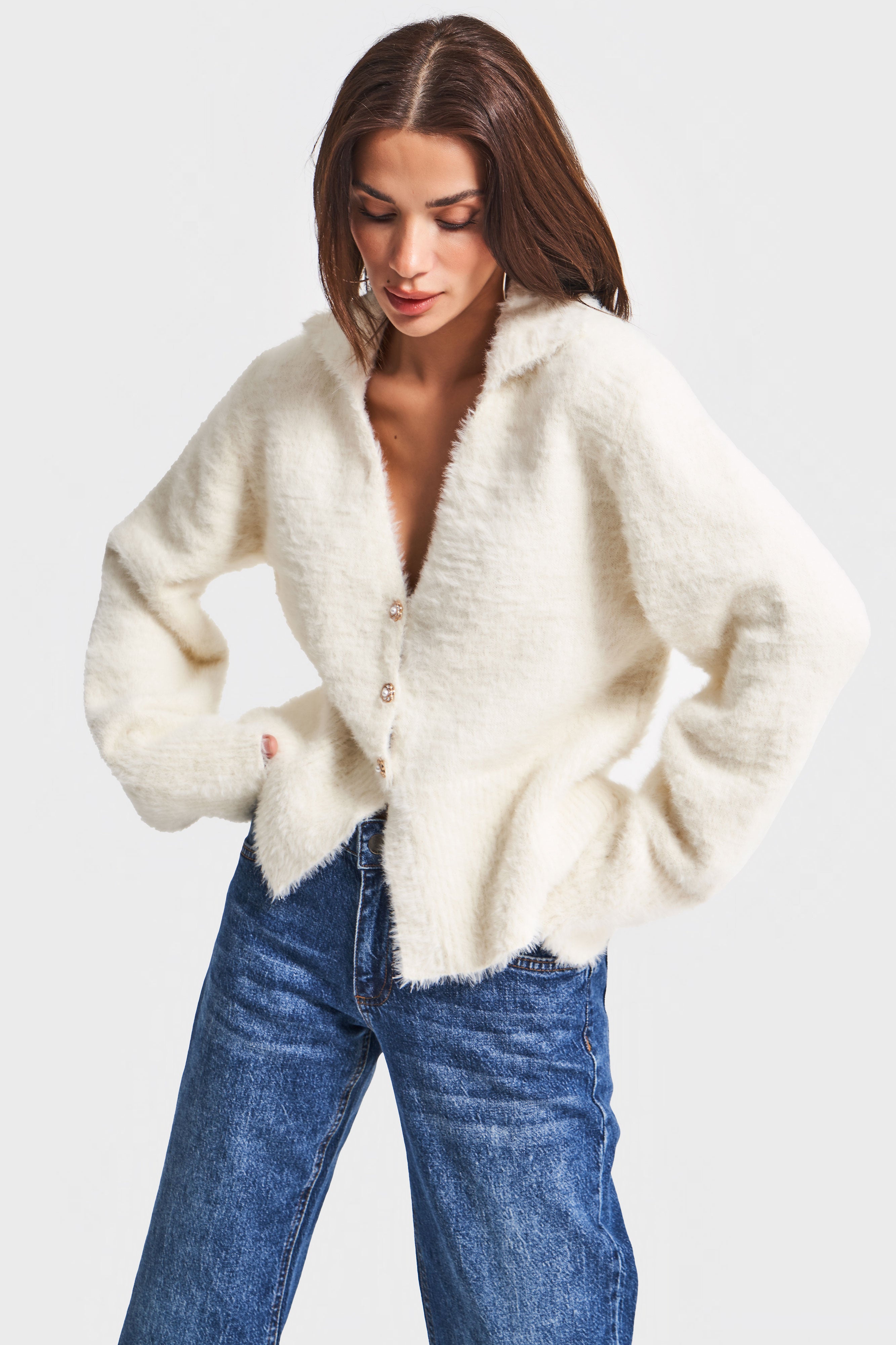 Kadın Ekru Renk w5-2 Önü Düğmeli Özel Dokuma Oversize Hırka