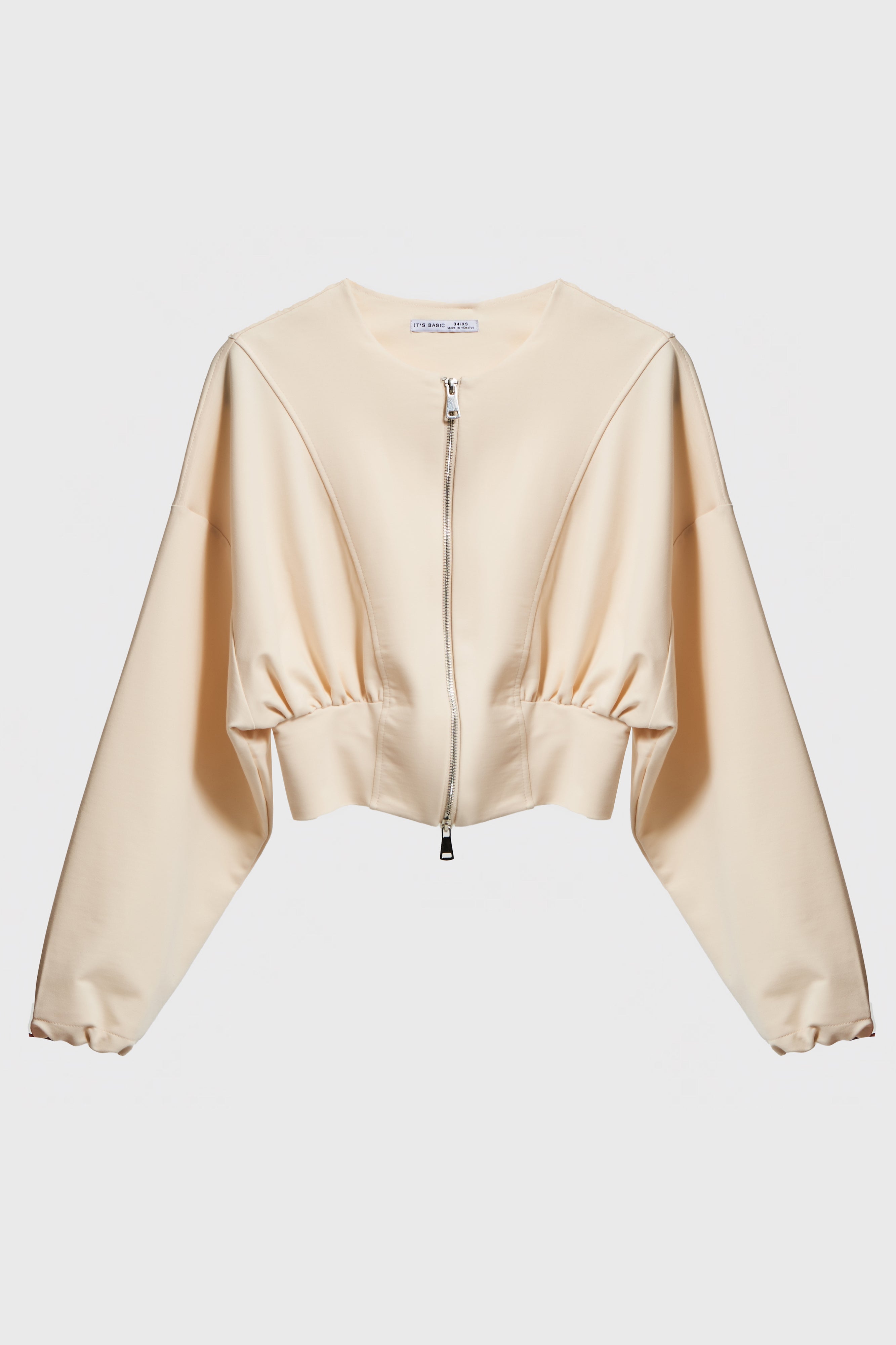 Kadın Ekru Renk w5-57 Bol Kesim Örme Esnek Kumaş Oversize Fermuarlı Sweatshirt