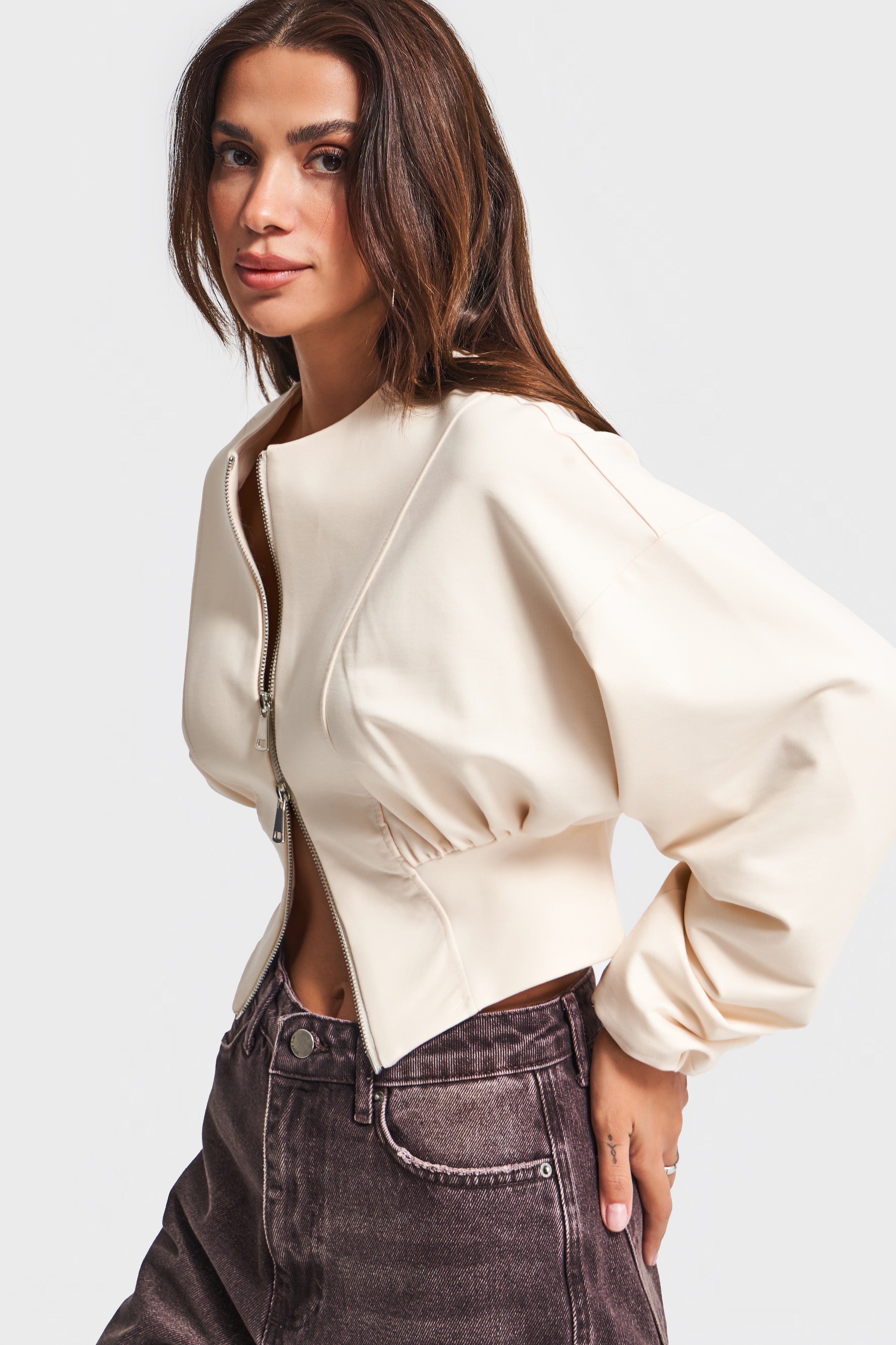 Kadın Ekru Renk w5-57 Bol Kesim Örme Esnek Kumaş Oversize Fermuarlı Sweatshirt