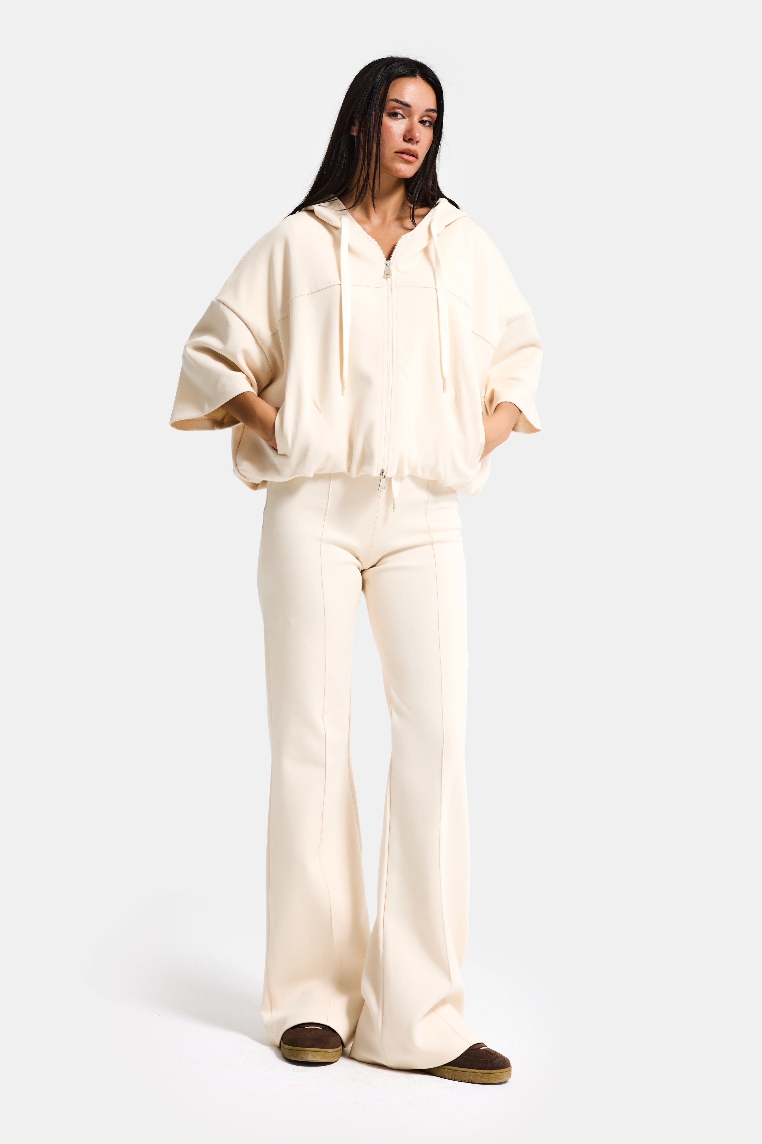 Kadın Ekru s6-105 Alt Üst Sweatshirt Yürüyüş Pantolonu 2'li Kombin Takım