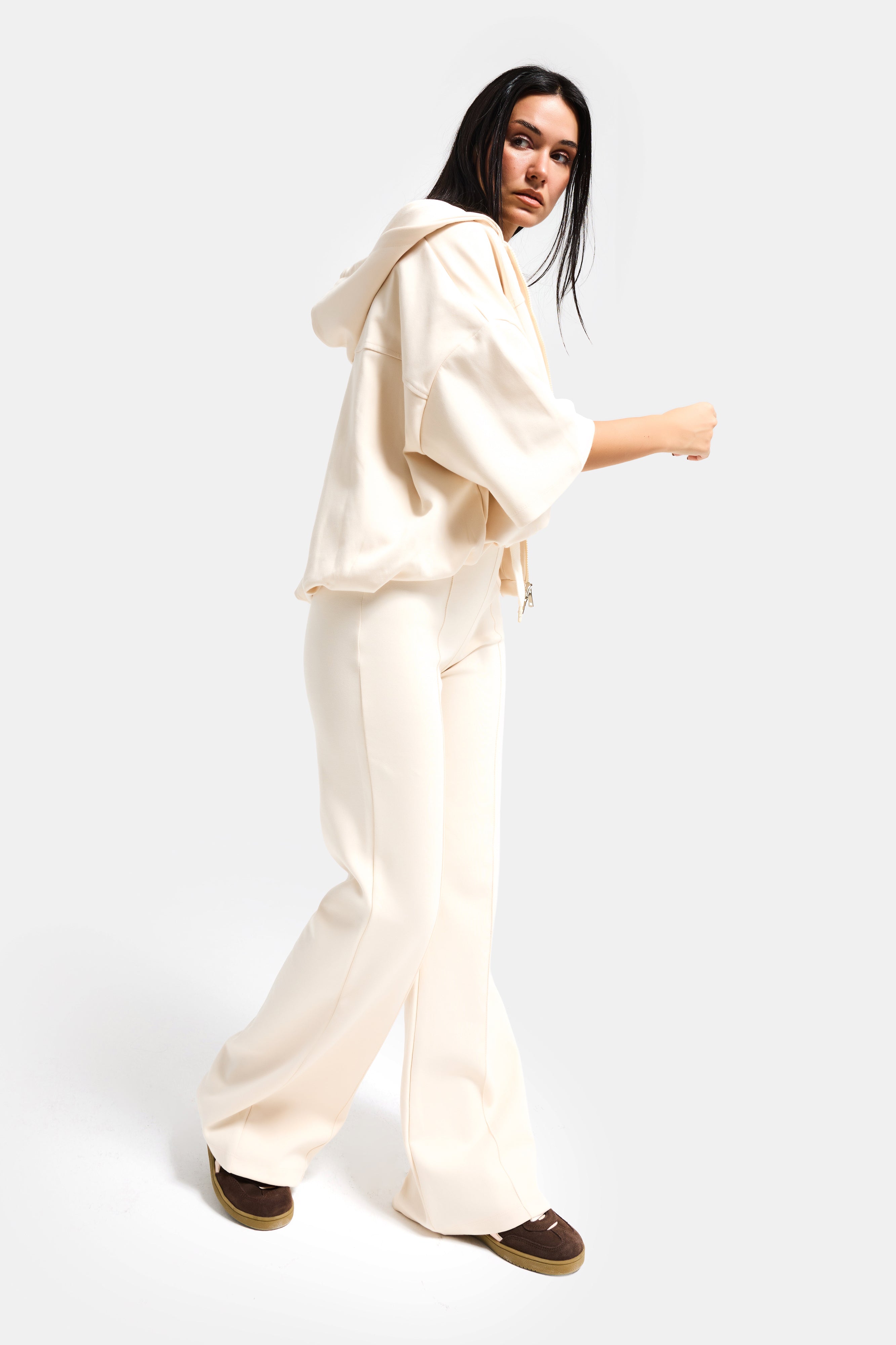 Kadın Ekru s6-105 Alt Üst Sweatshirt Yürüyüş Pantolonu 2'li Kombin Takım