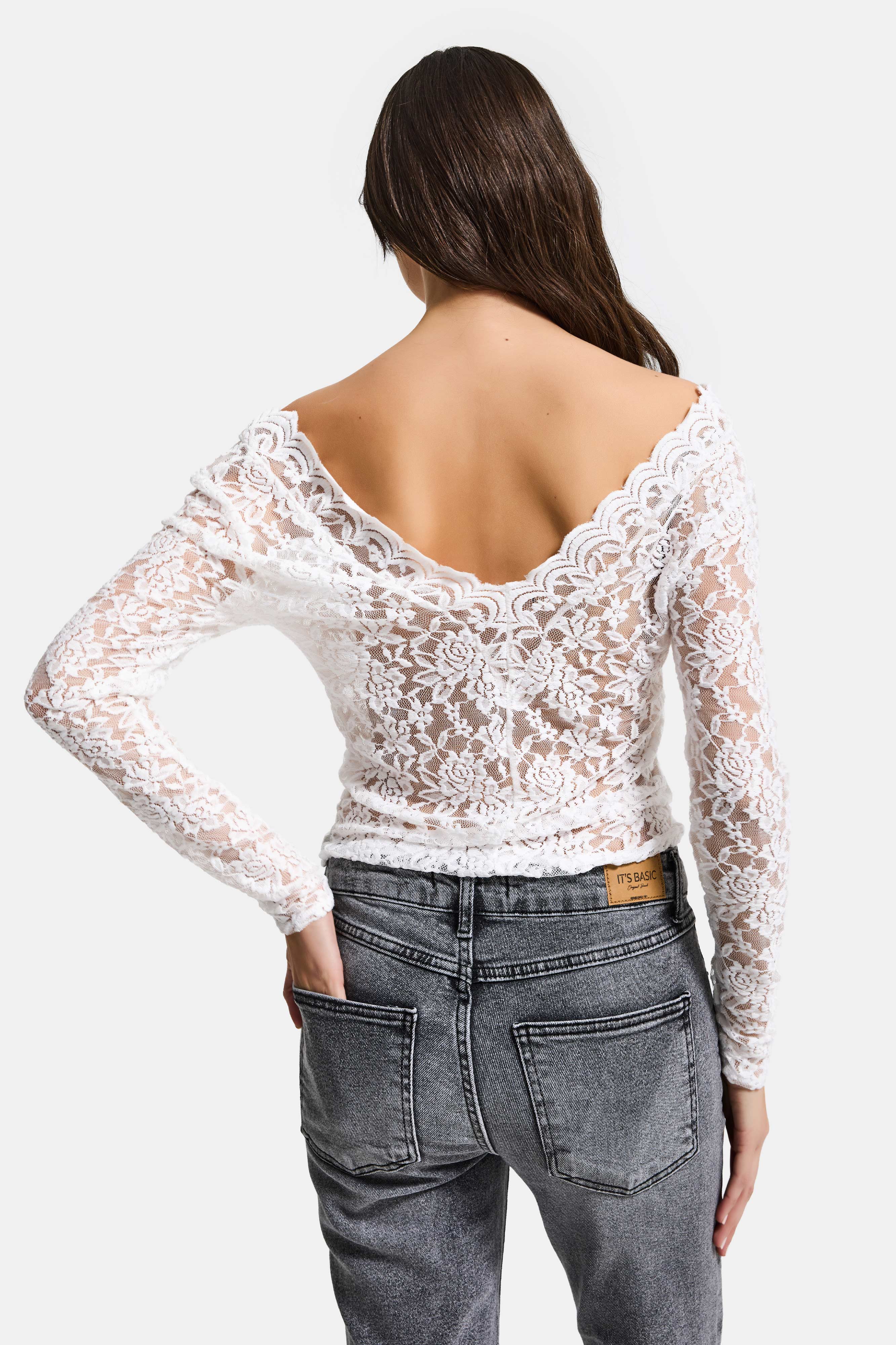 Kadın Ekru Şeffaf Dantelli Omuz Detaylı Bluz