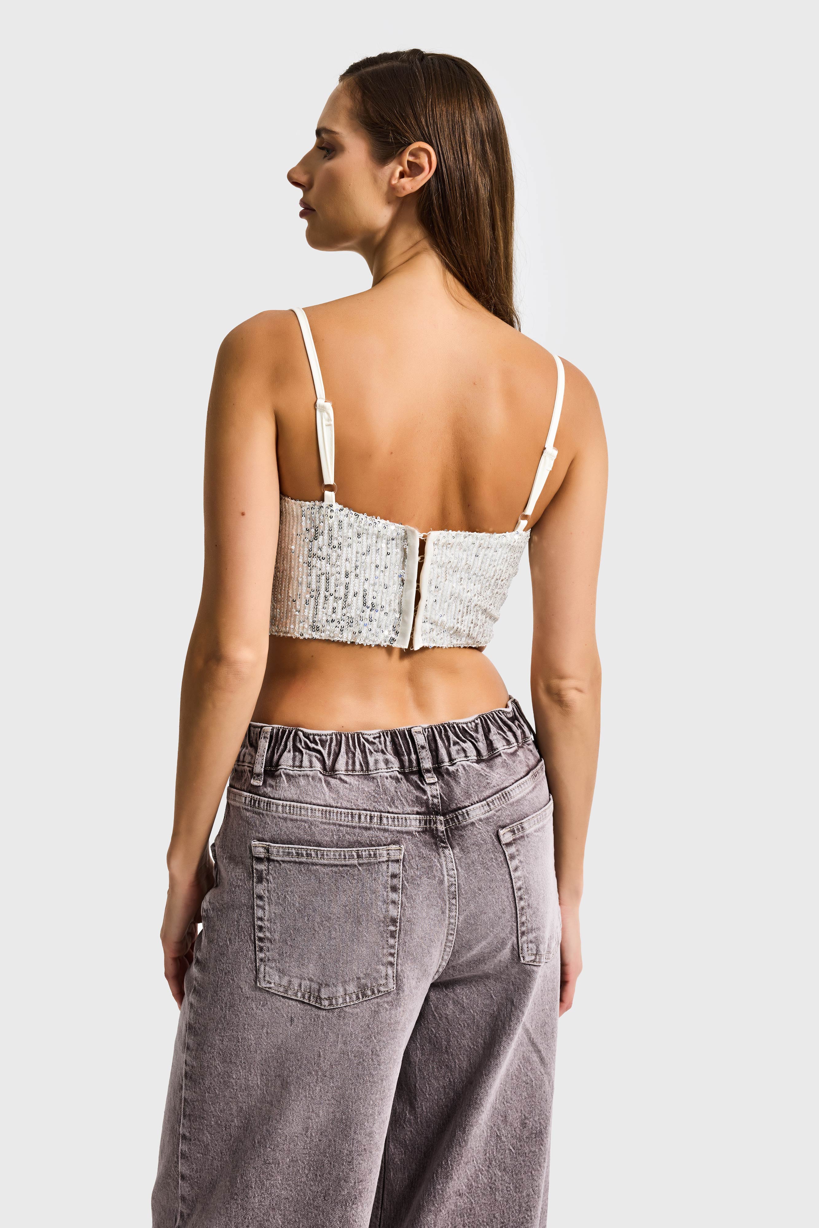 Kadın Ekru Silver Renk Pul Payet Detaylı Askılı Büstiyer