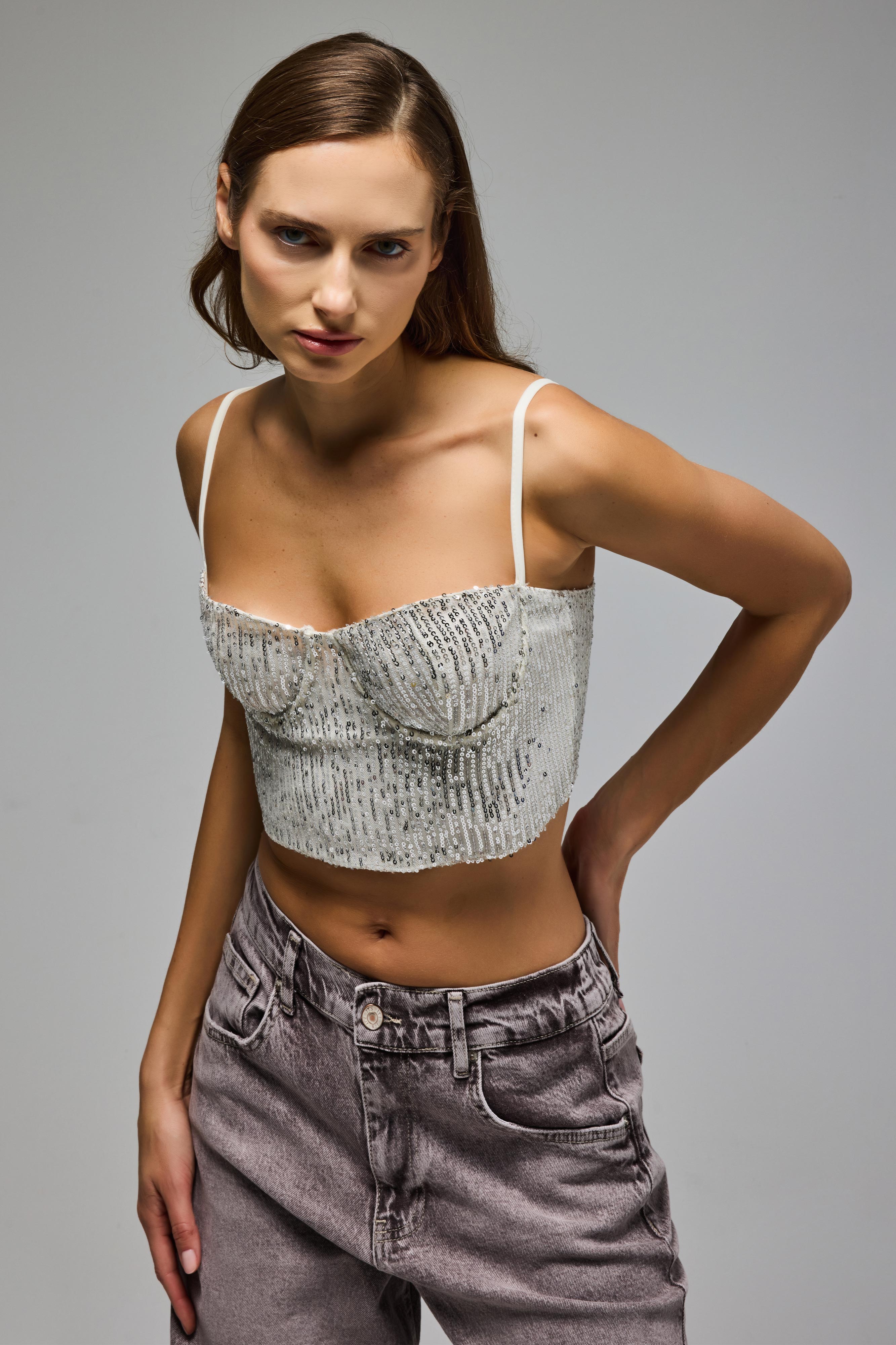 Kadın Ekru Silver Renk Pul Payet Detaylı Askılı Büstiyer