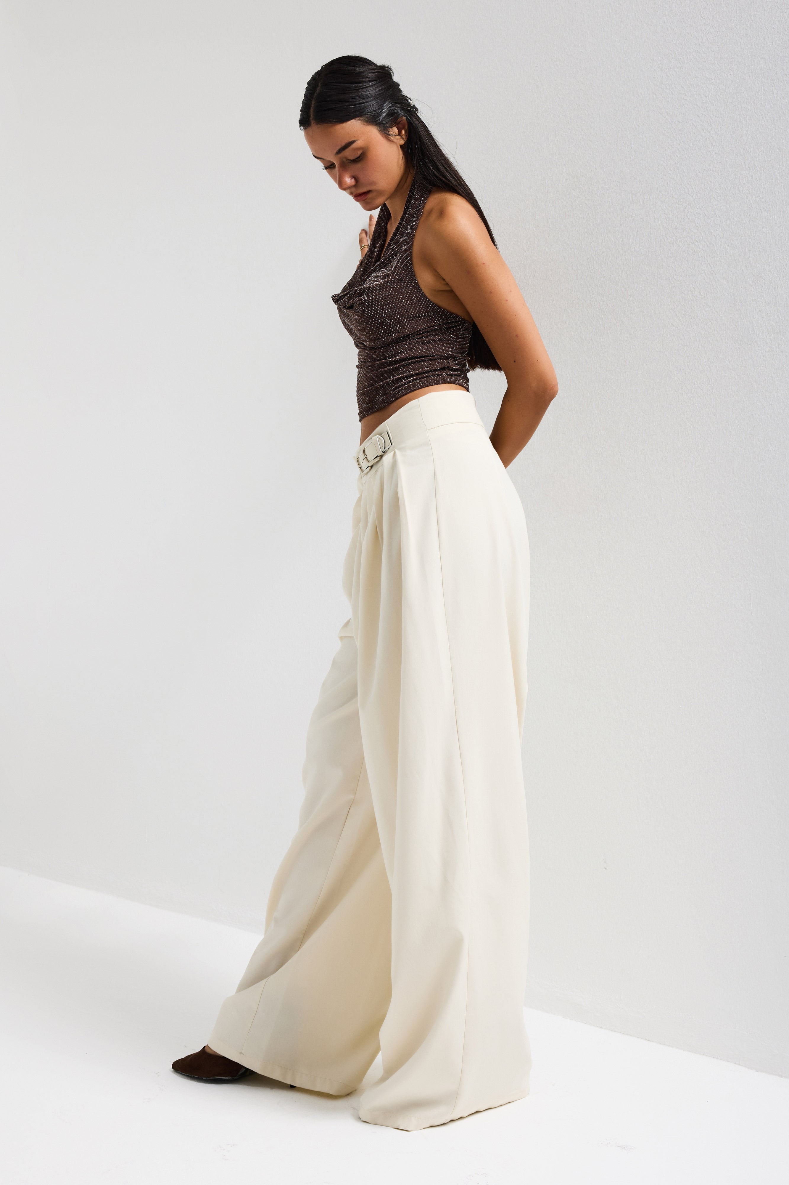 Kadın Ekru Taş Renk Palazzo Fit Kemer Detaylı Viskon Kumaş Tasarım Pantolon