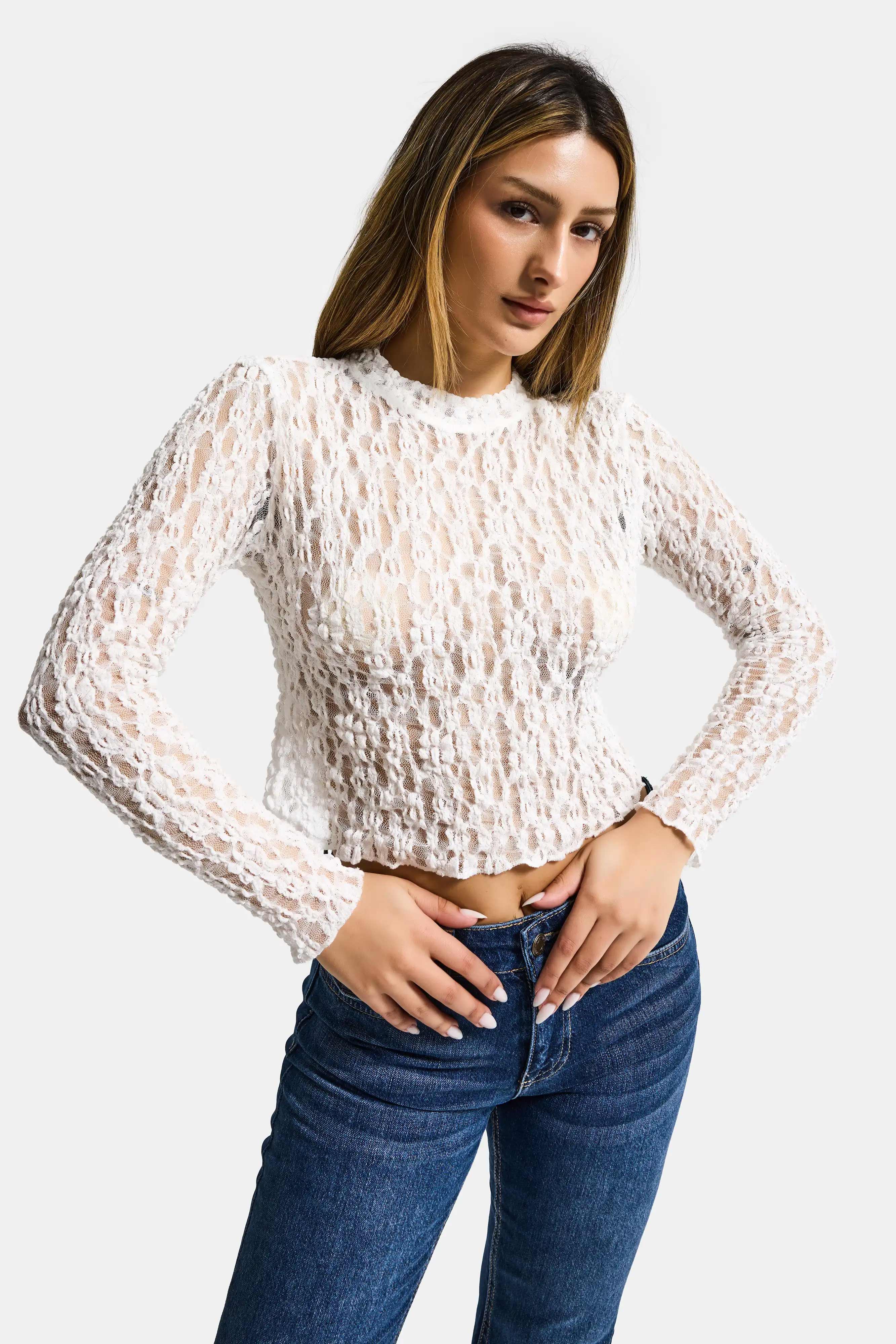 Kadın Ekru Transparan Crop Bluz