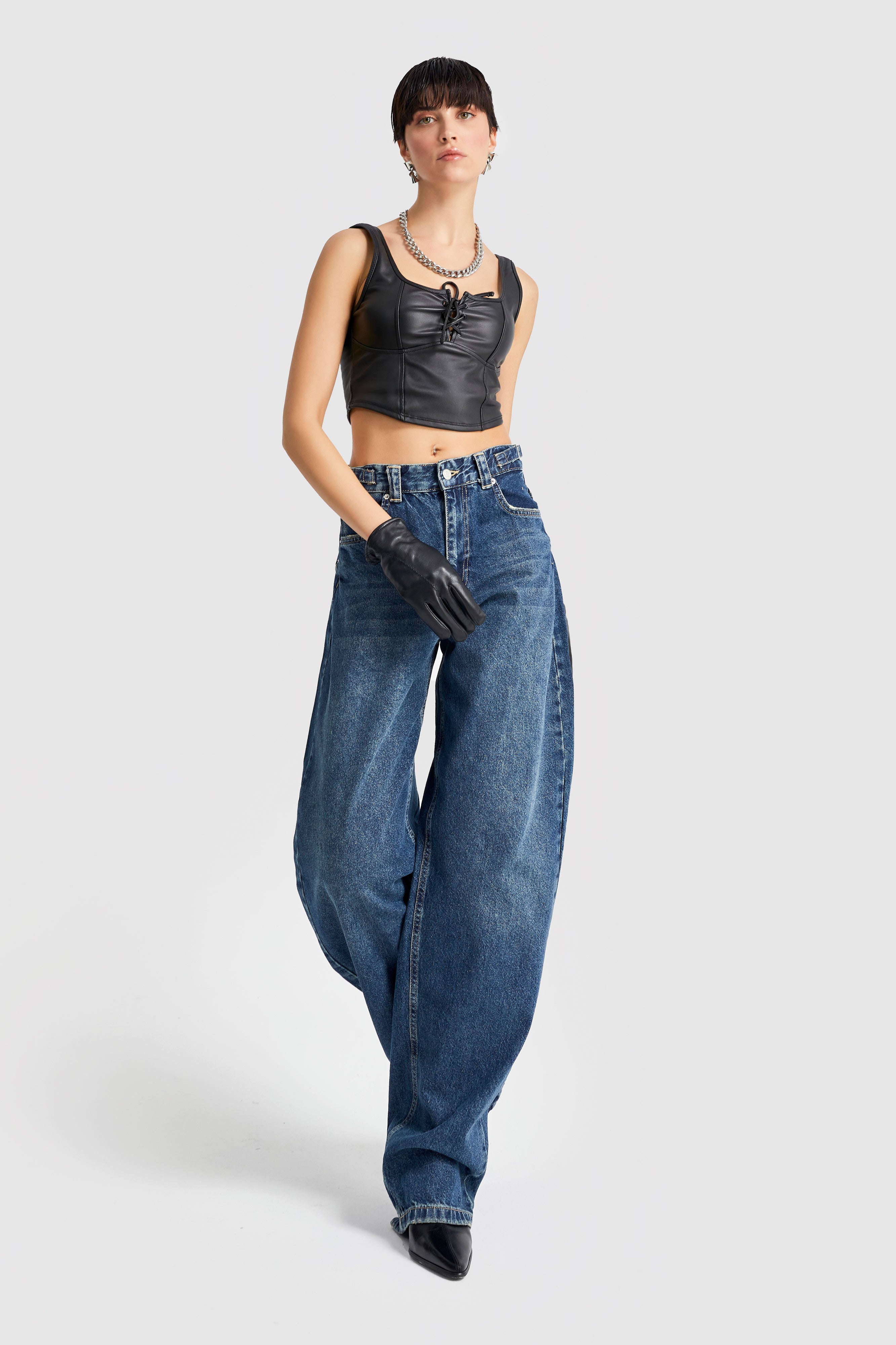 Women's Full Tint Denim Color Waist Adjustable Belt Super Long Loose Cut Jeans