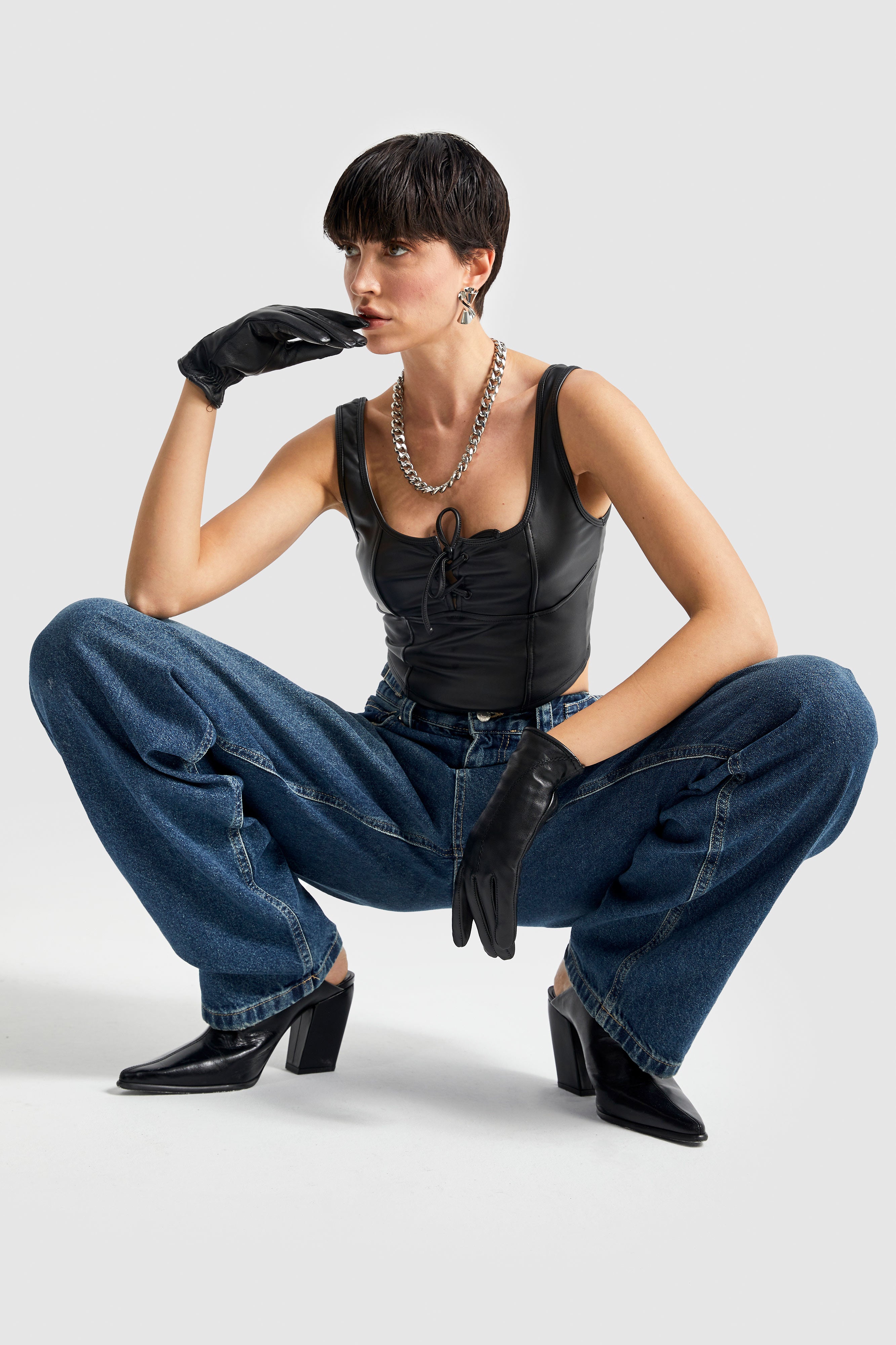 Women's Full Tint Denim Color Waist Adjustable Belt Super Long Loose Cut Jeans
