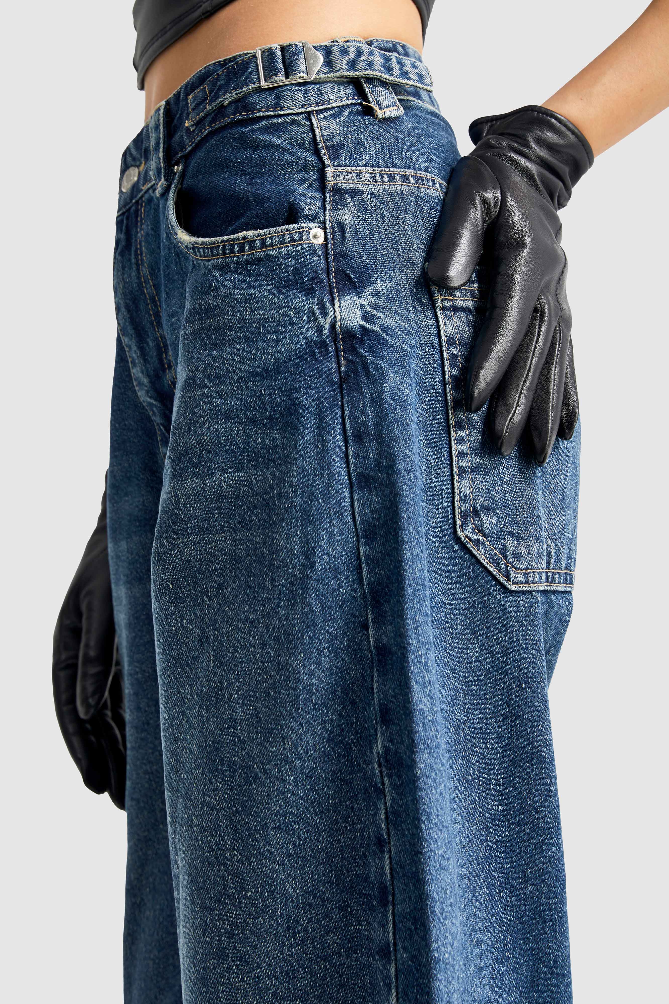 Women's Full Tint Denim Color Waist Adjustable Belt Super Long Loose Cut Jeans