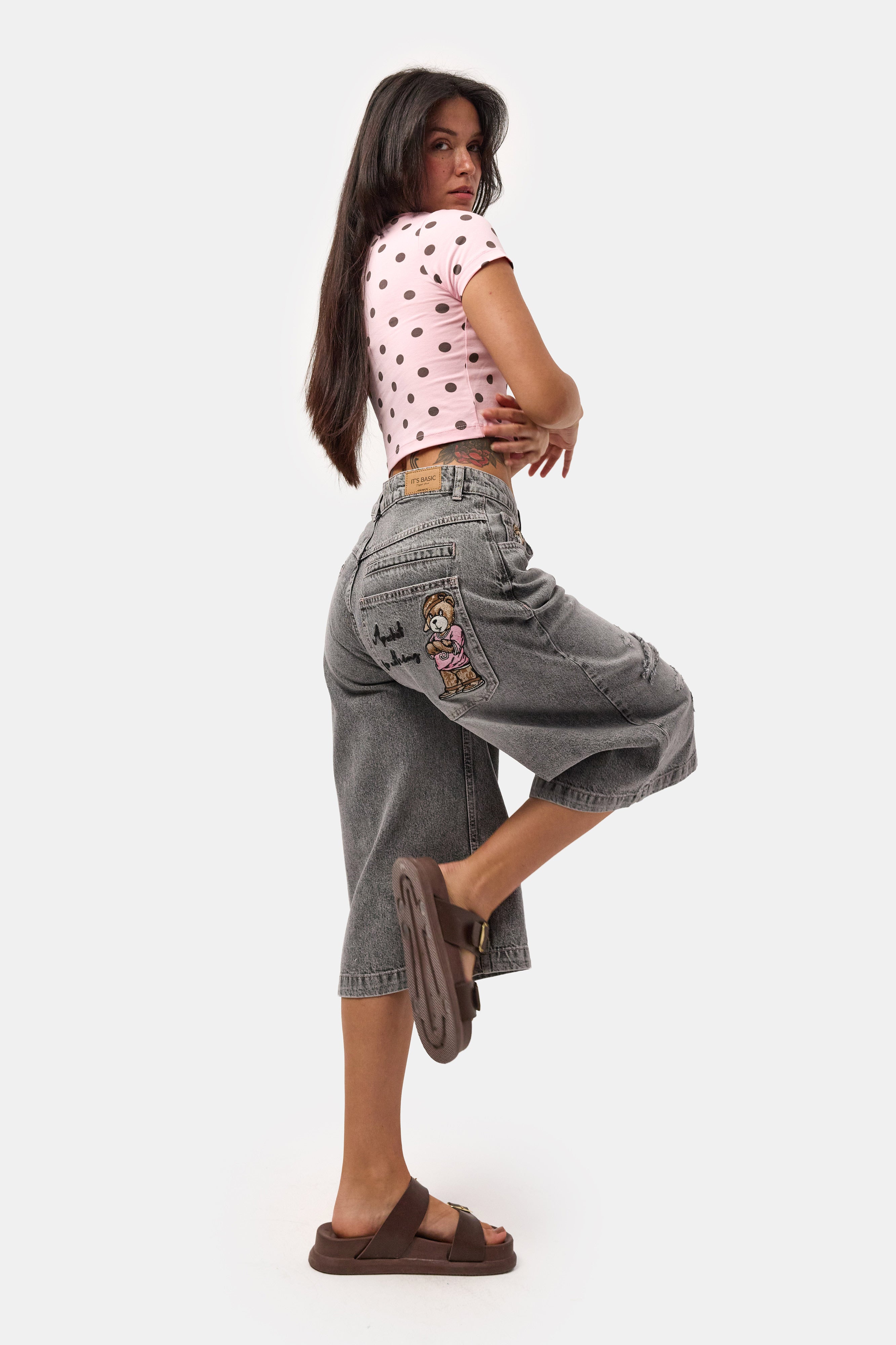 Kadın Füme Baggy Fit Maxi Denim Bermuda Şort