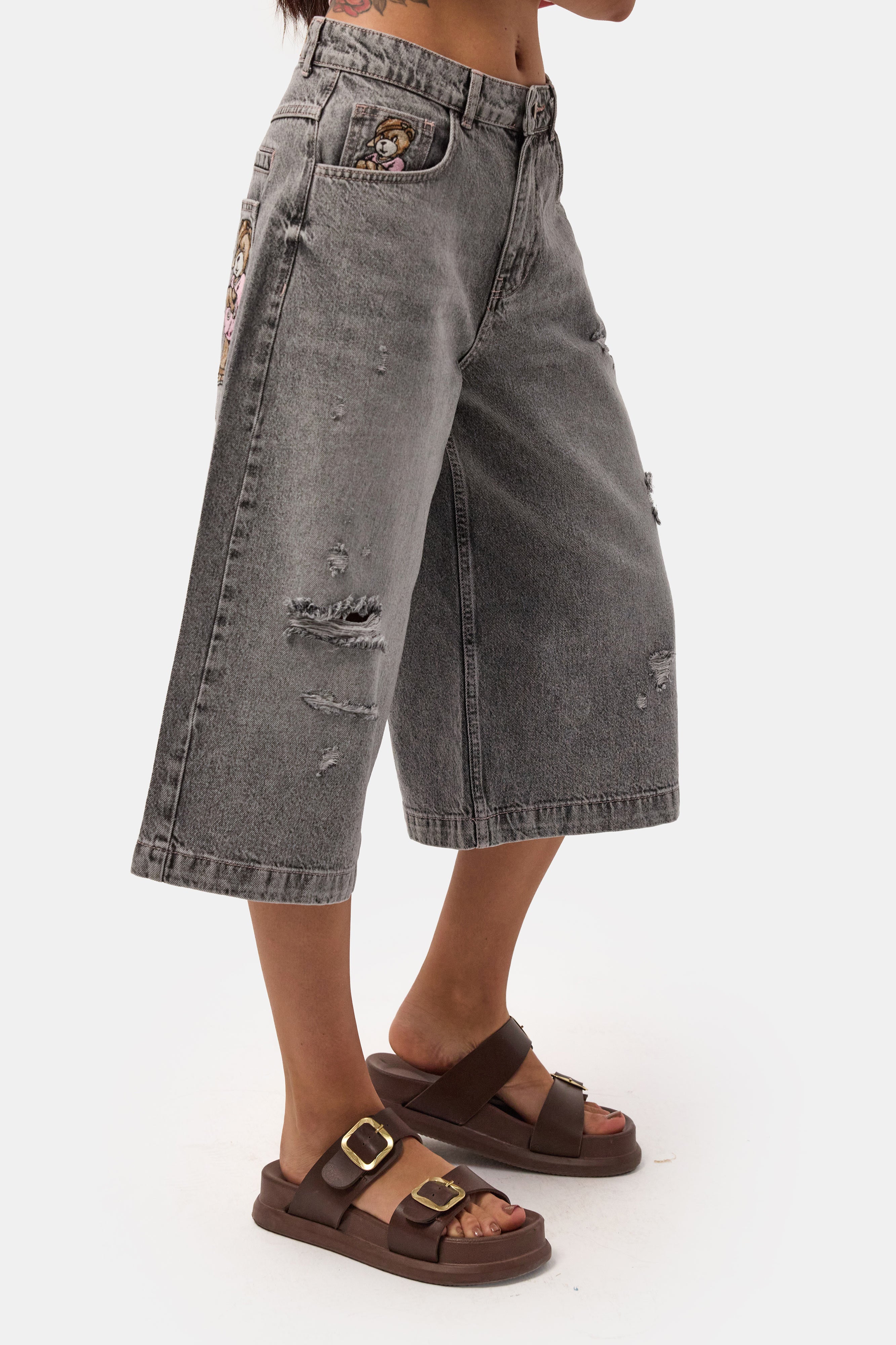 Kadın Füme 12s6-13 Baggy Fit Maxi Denim Tasarım Bermuda Şort
