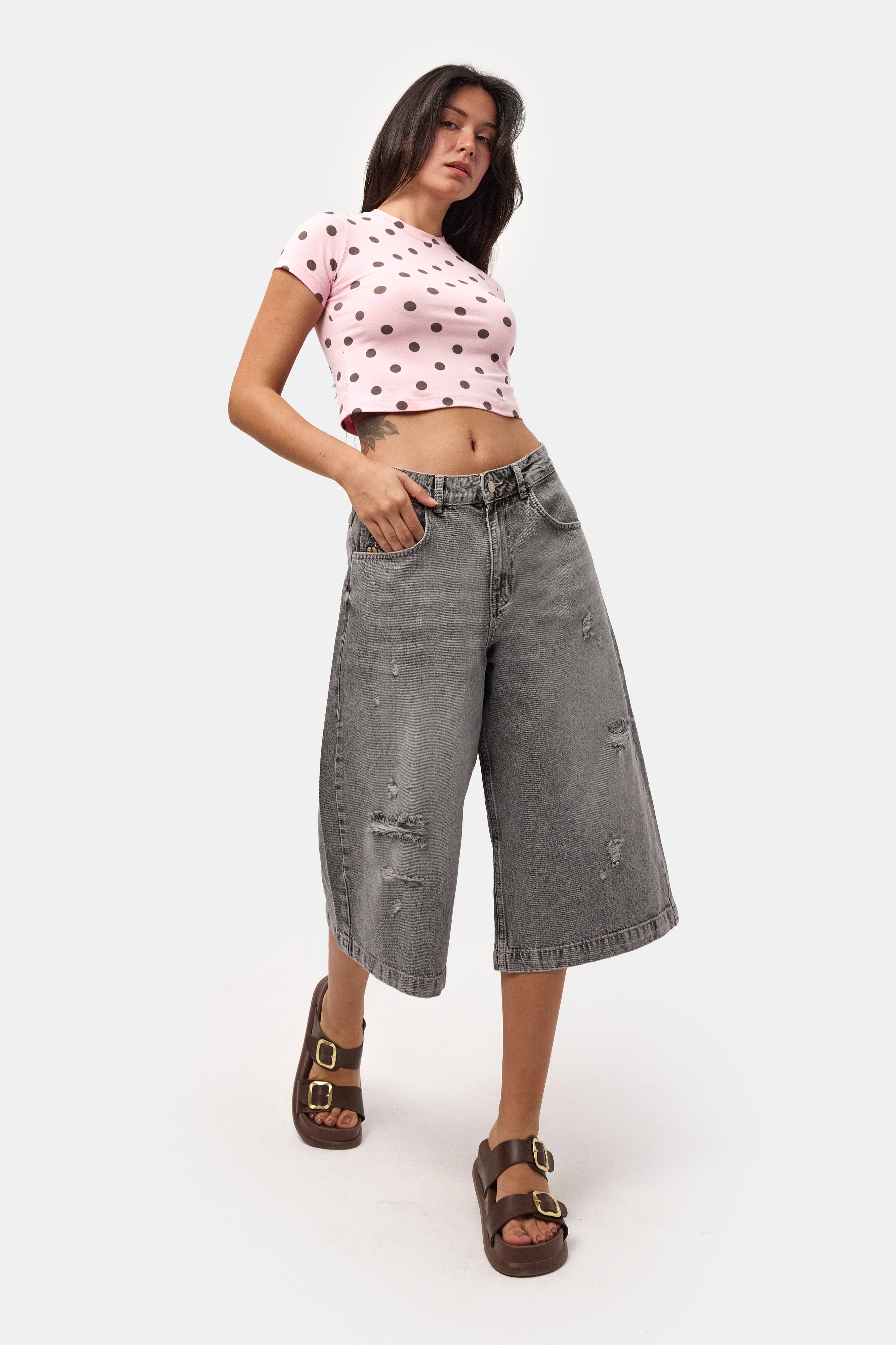 Kadın Füme 12s6-13 Baggy Fit Maxi Denim Tasarım Bermuda Şort