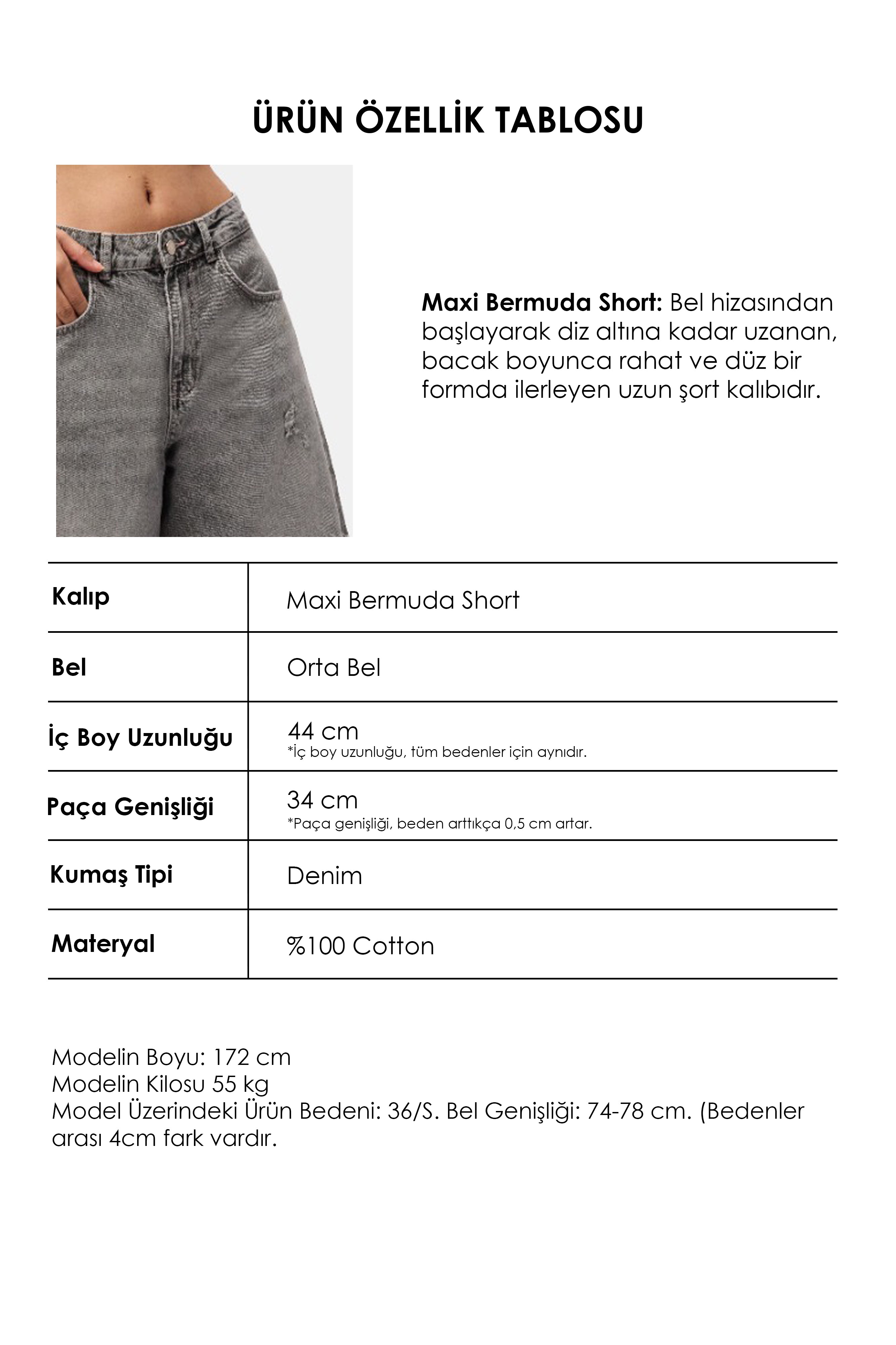 Kadın Füme 12s6-13 Baggy Fit Maxi Denim Tasarım Bermuda Şort