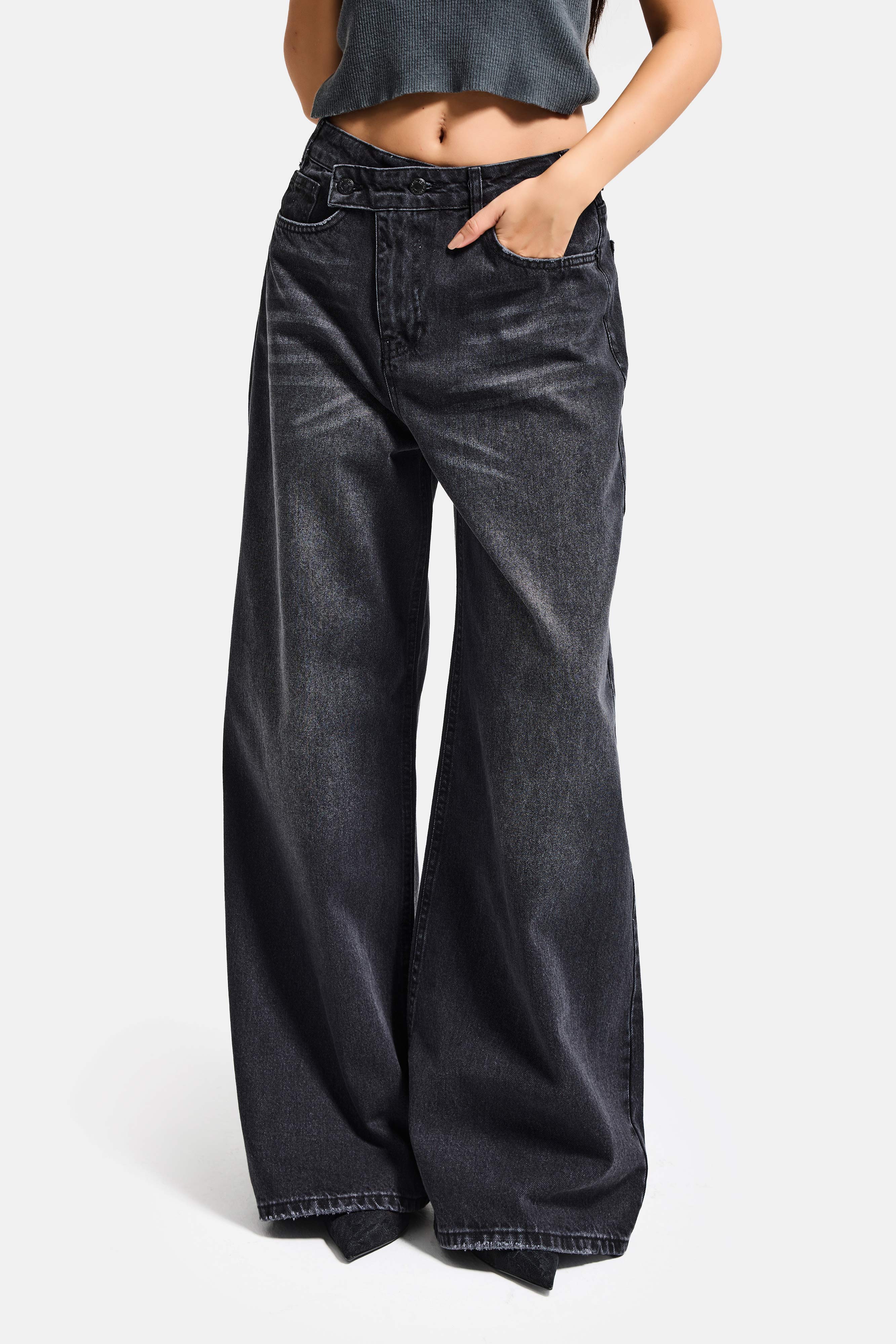 Kadın Füme 2s6-1 Mega Baggy Fit Kemer Detaylı Orta Bel Denim Jean