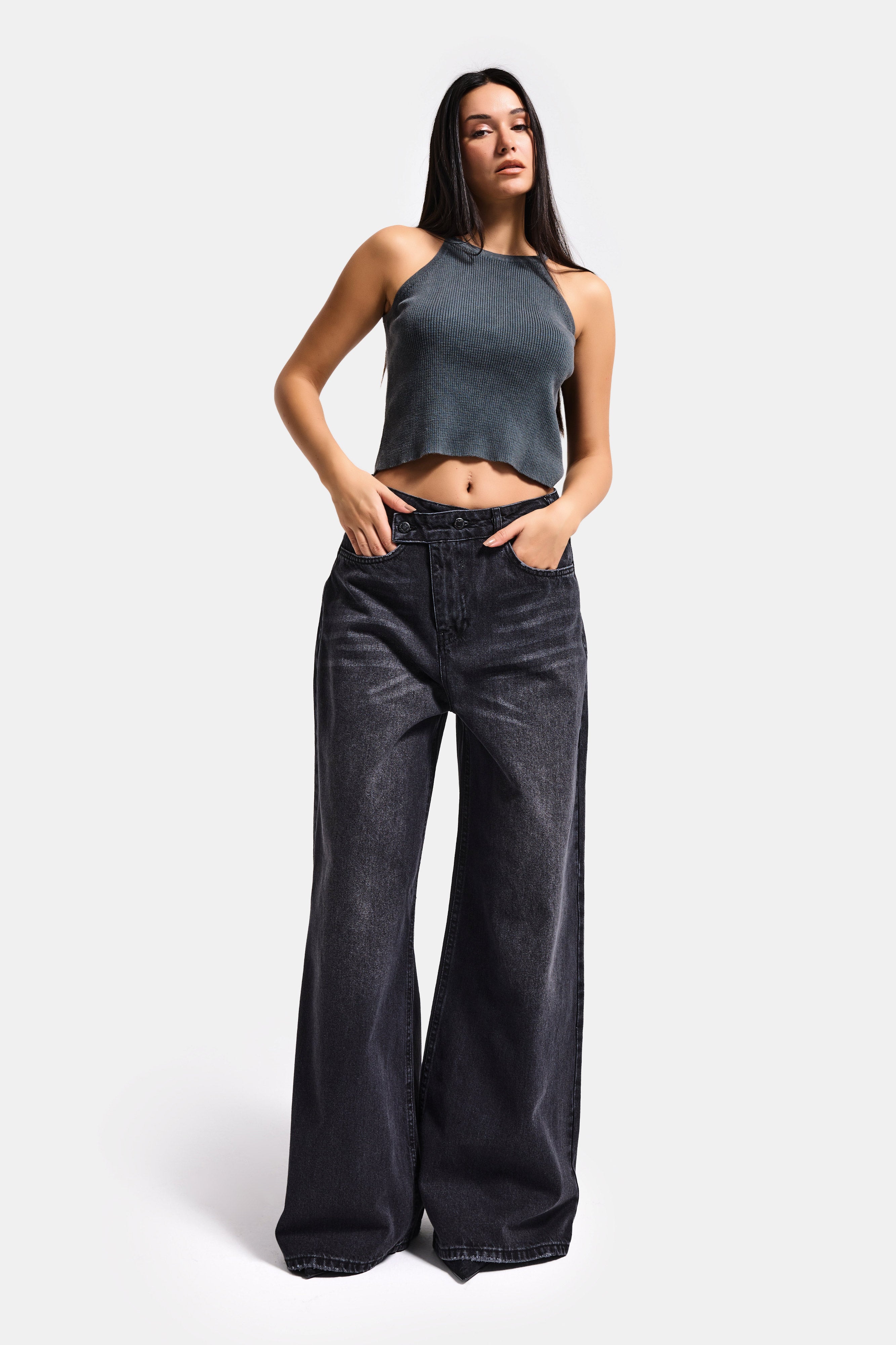 Kadın Füme 2s6-1 Mega Baggy Fit Kemer Detaylı Orta Bel Denim Jean