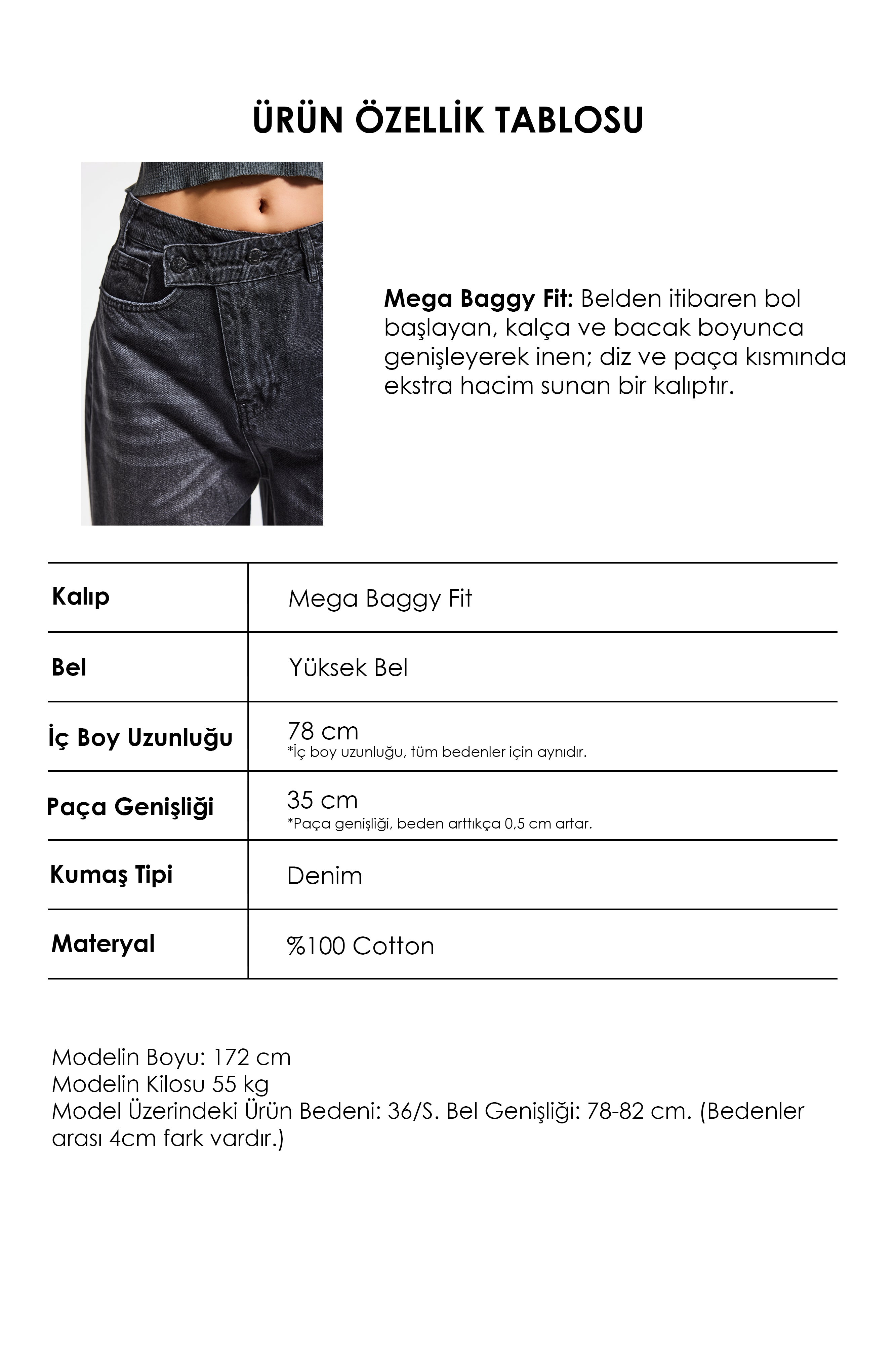 Kadın Füme 2s6-1 Mega Baggy Fit Kemer Detaylı Orta Bel Denim Jean