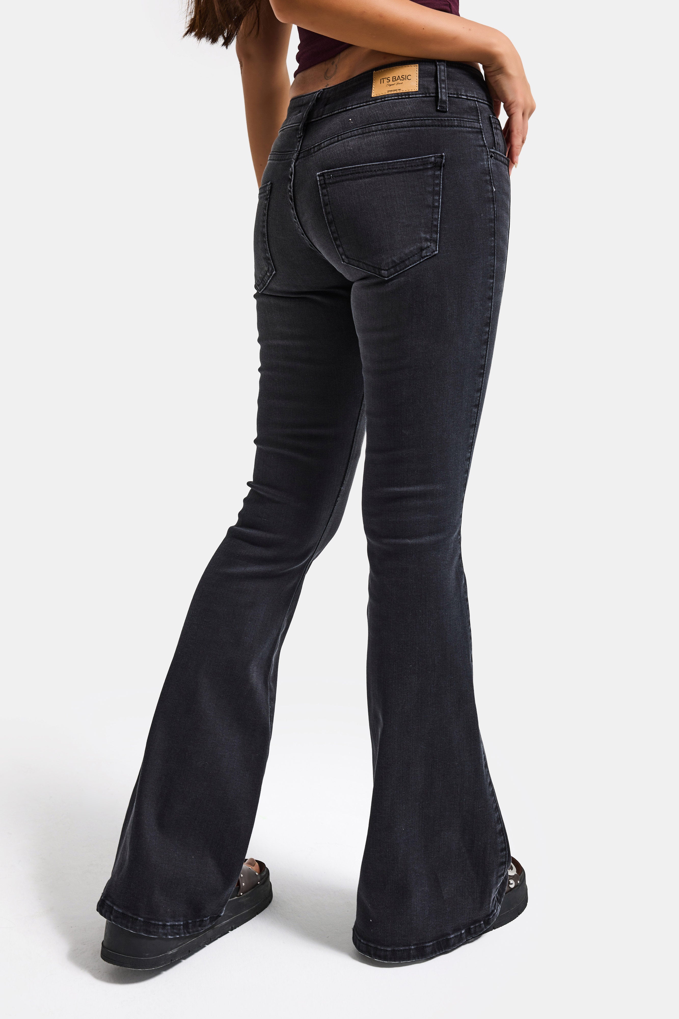 Kadın Füme 2s6-1 Mid Rise Flare Fit Kemer Detaylı Esnek Kumaş Denim Jean