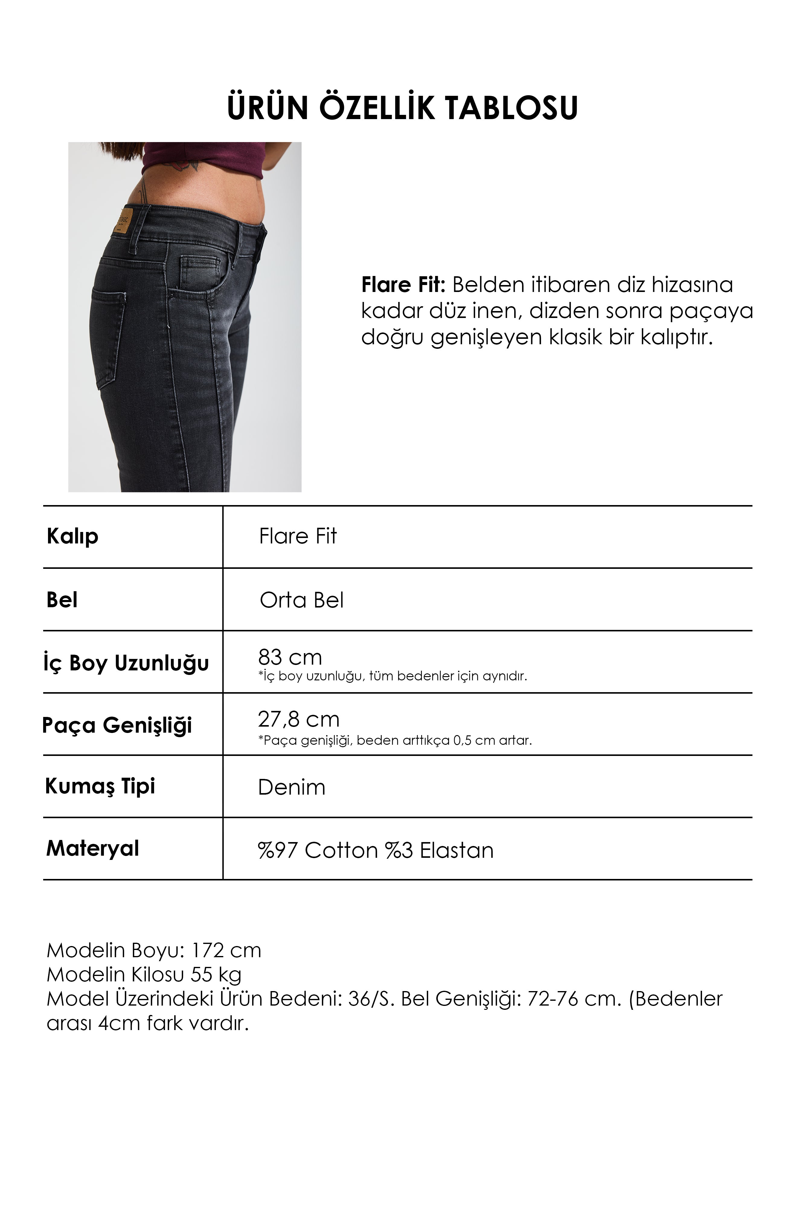 Kadın Füme 2s6-1 Mid Rise Flare Fit Kemer Detaylı Esnek Kumaş Denim Jean
