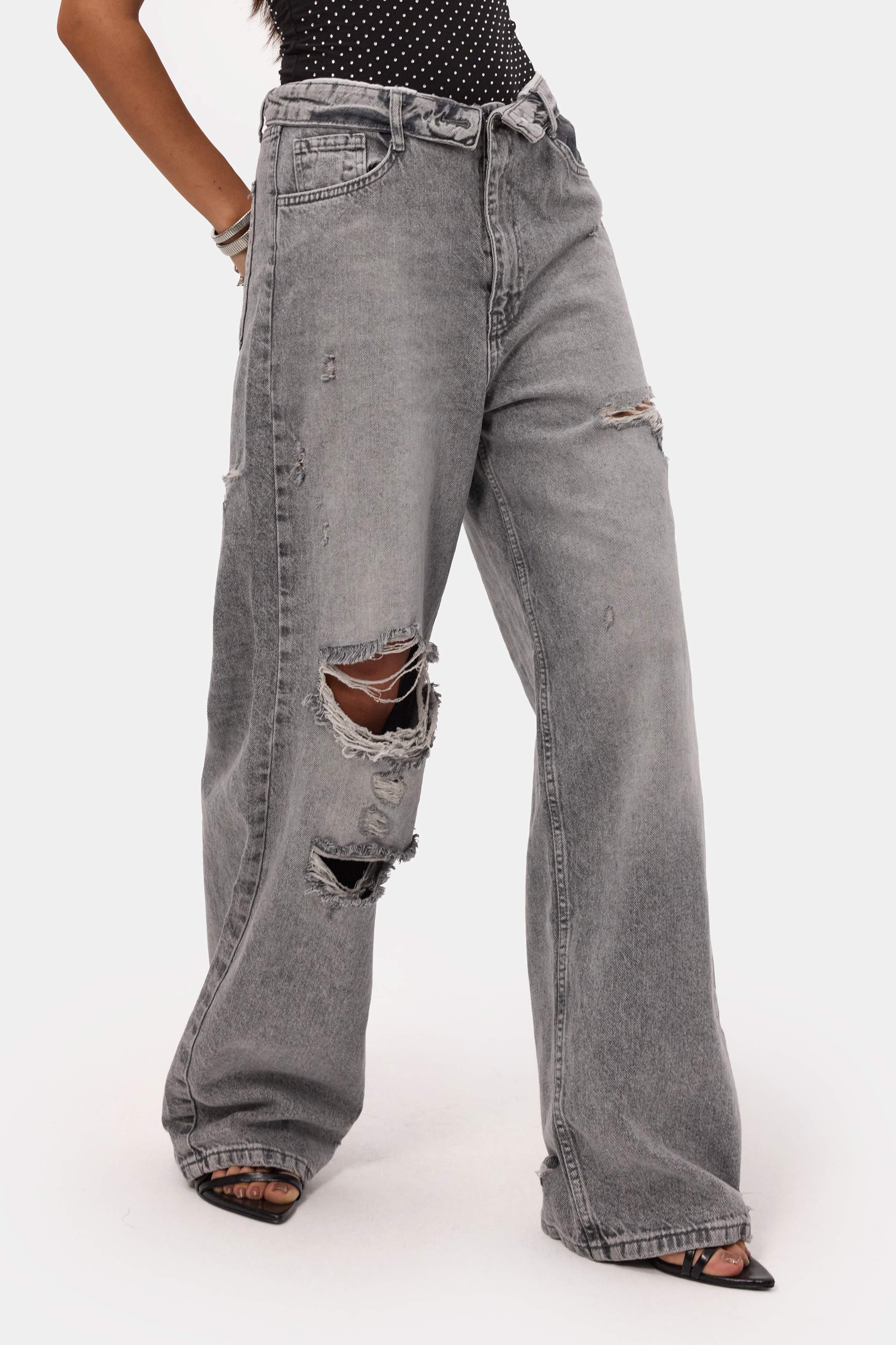 Kadın Füme 12s6-12 Straight Fit Kemer Detaylı Özel Tasarım Denim Jean