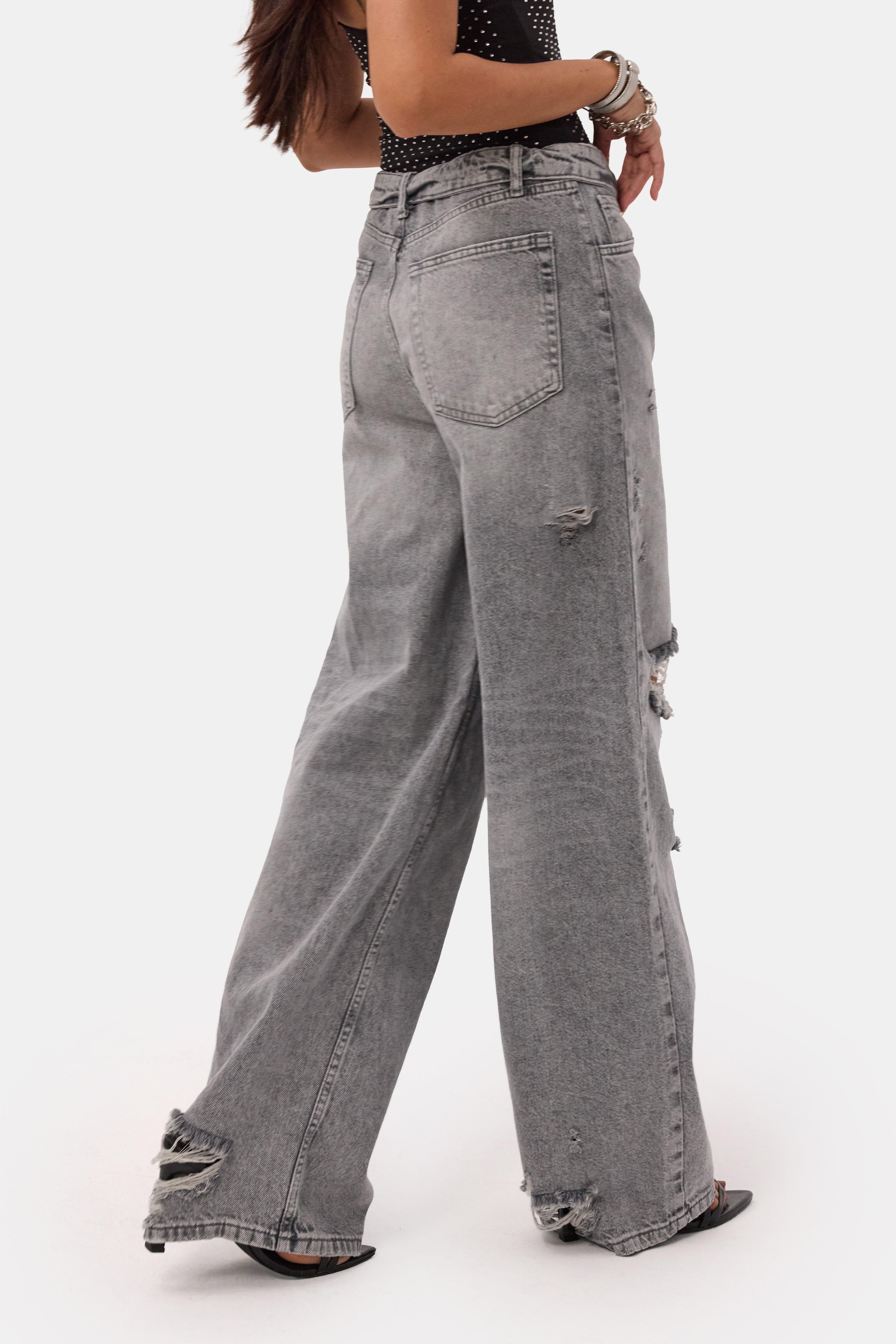 Kadın Füme 12s6-12 Straight Fit Kemer Detaylı Özel Tasarım Denim Jean