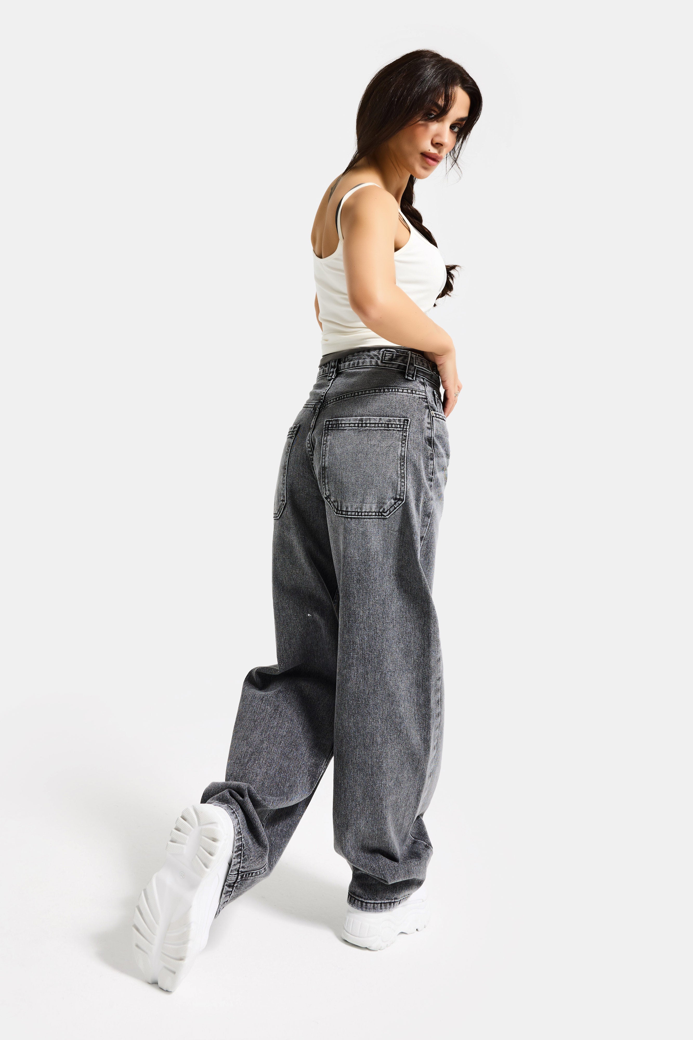 Kadın Füme 4s6-13 Baggy Fit Bol Kesim %100 Koton Denim Jean