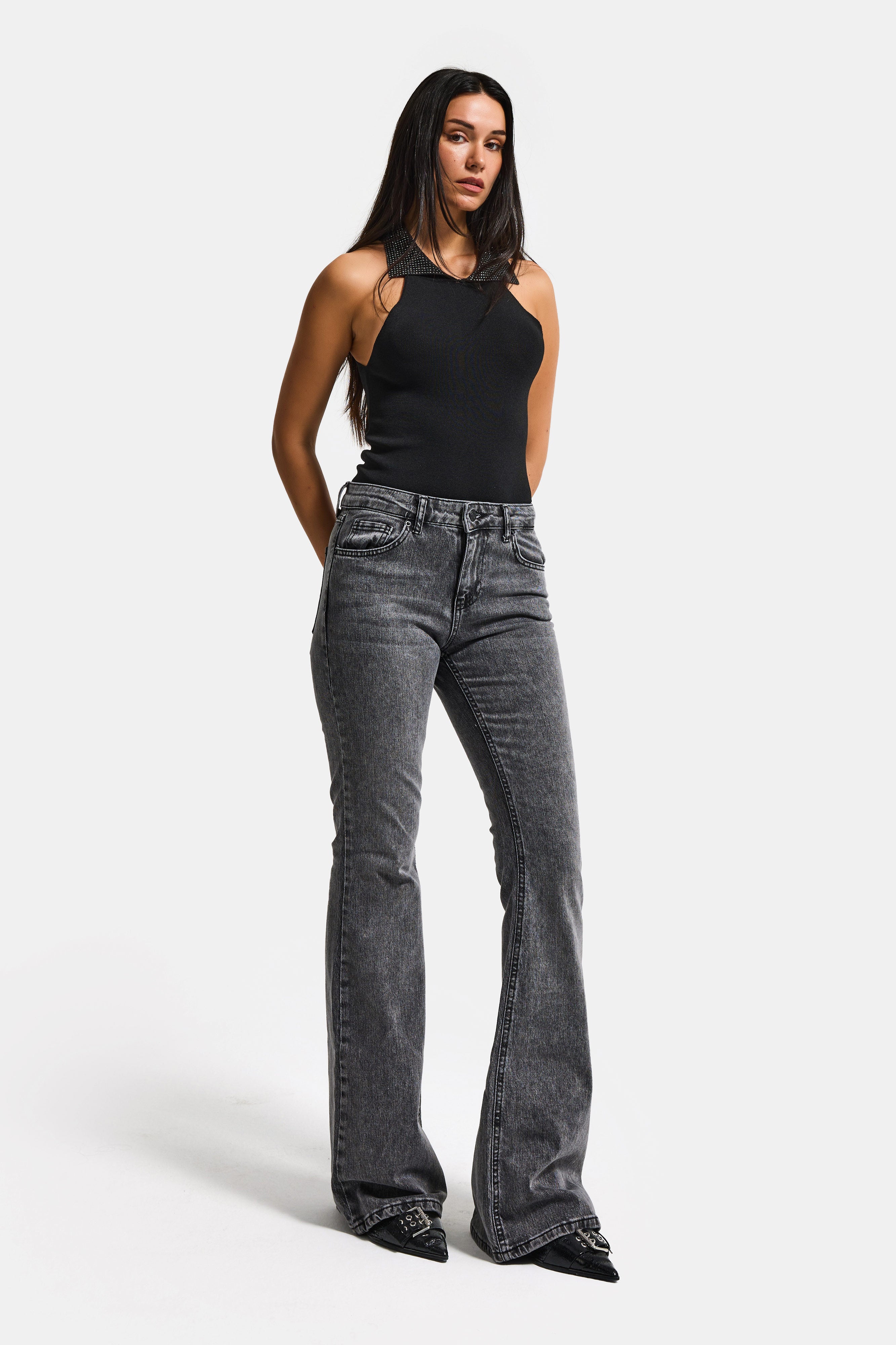 Kadın Füme 4s6-14 Mid Rise Flare Fit Esnek Kumaş Denim Jean