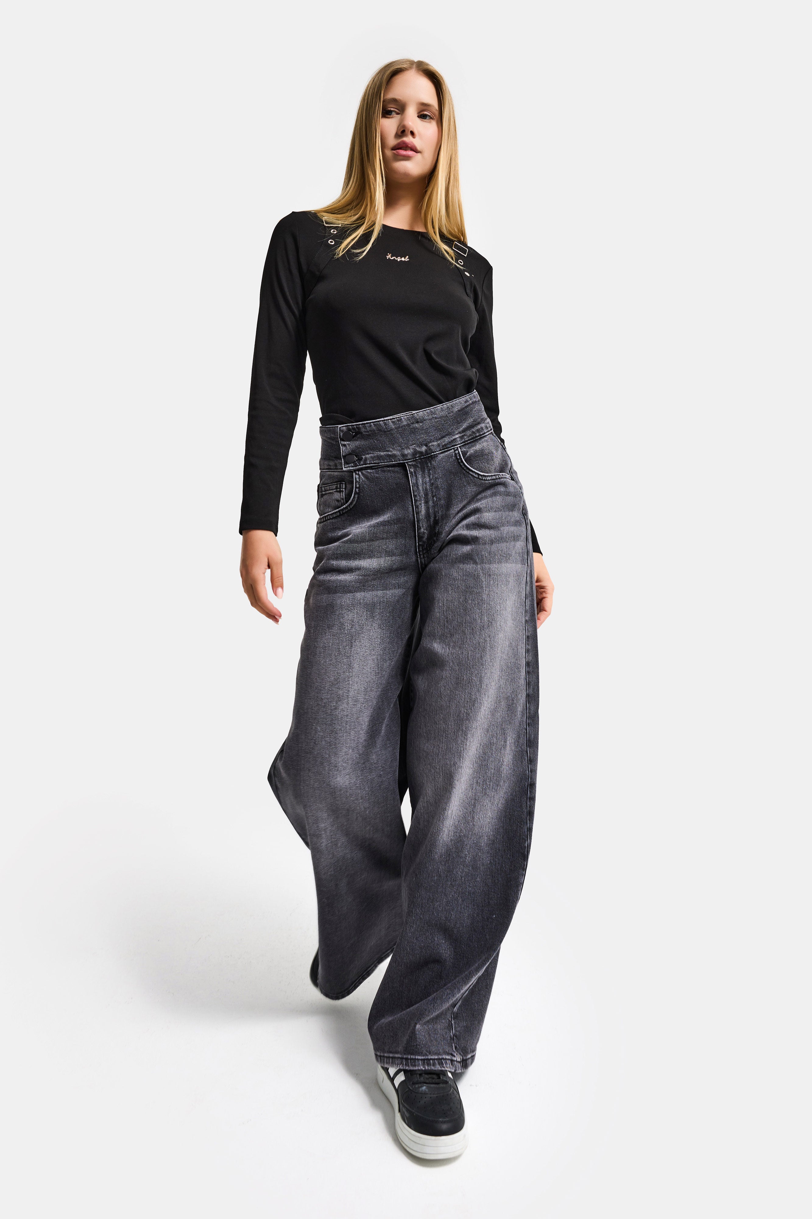 Kadın Füme 4s6-14 Palazzo Fit Kemer Detaylı Elastan Kumaş Denim Jean