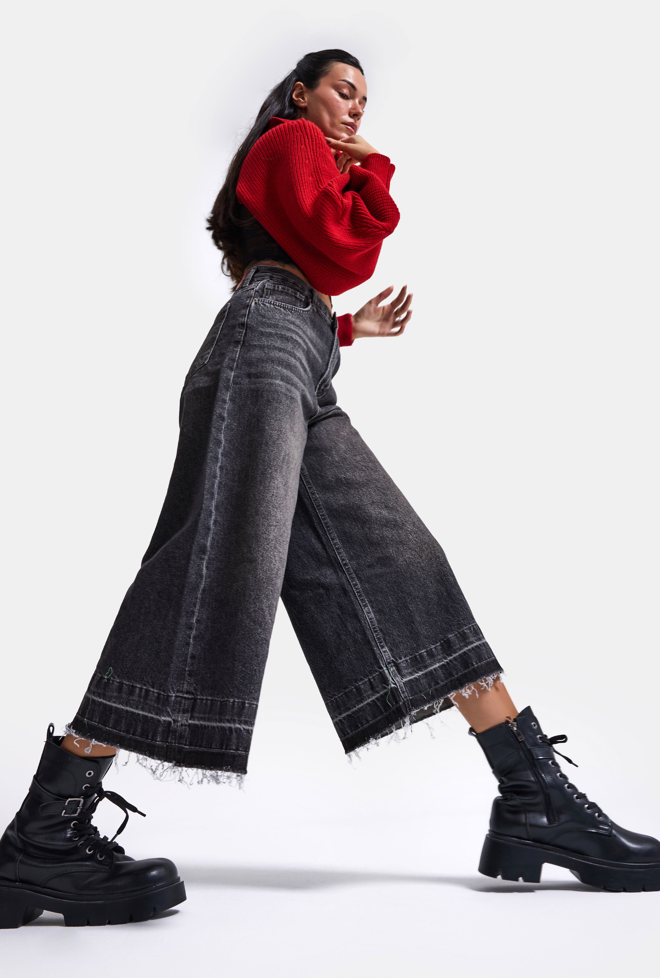 Kadın Füme 4w6-13 Culotte Fit Kiraz Nakış Detaylı Tasarım Denim Jean