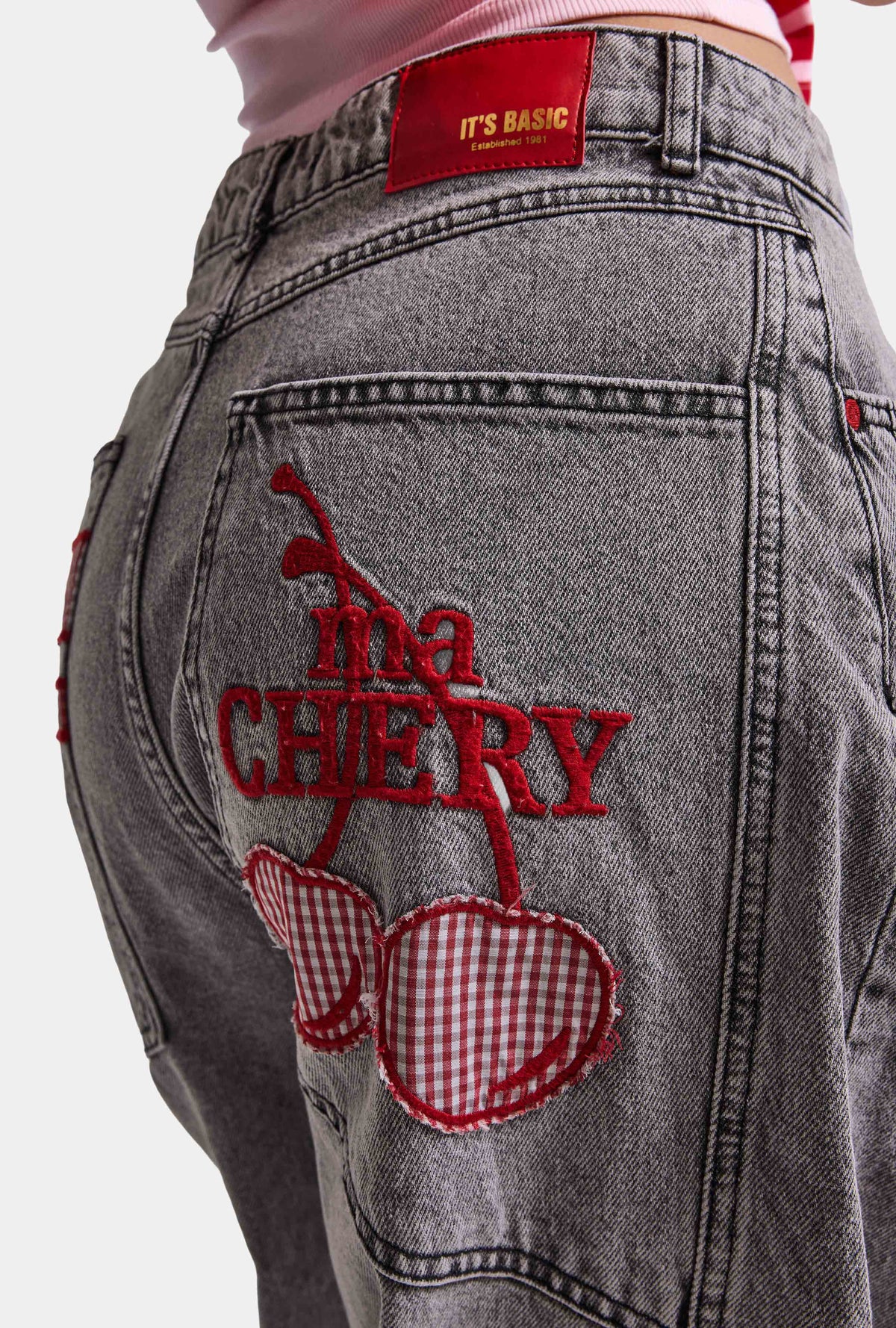 Kadın Füme 4w6-13 Mega Baggy TT18 Chery Nakış Özel Tasarım Denim Jean