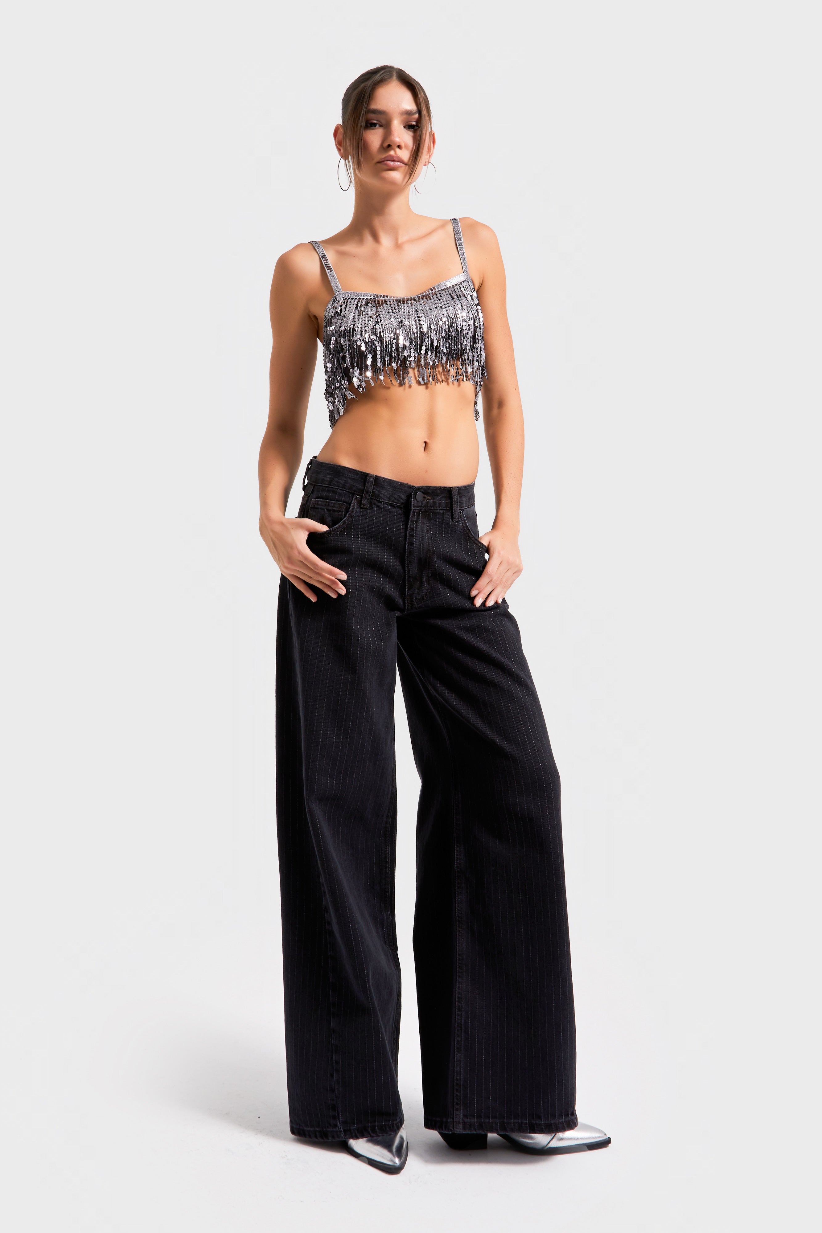 Kadın Füme Çizgili Renk 1w5-1 Süper Palazzo Fit Esnek Özel Kumaş İç Boy 80cm Denim Jean