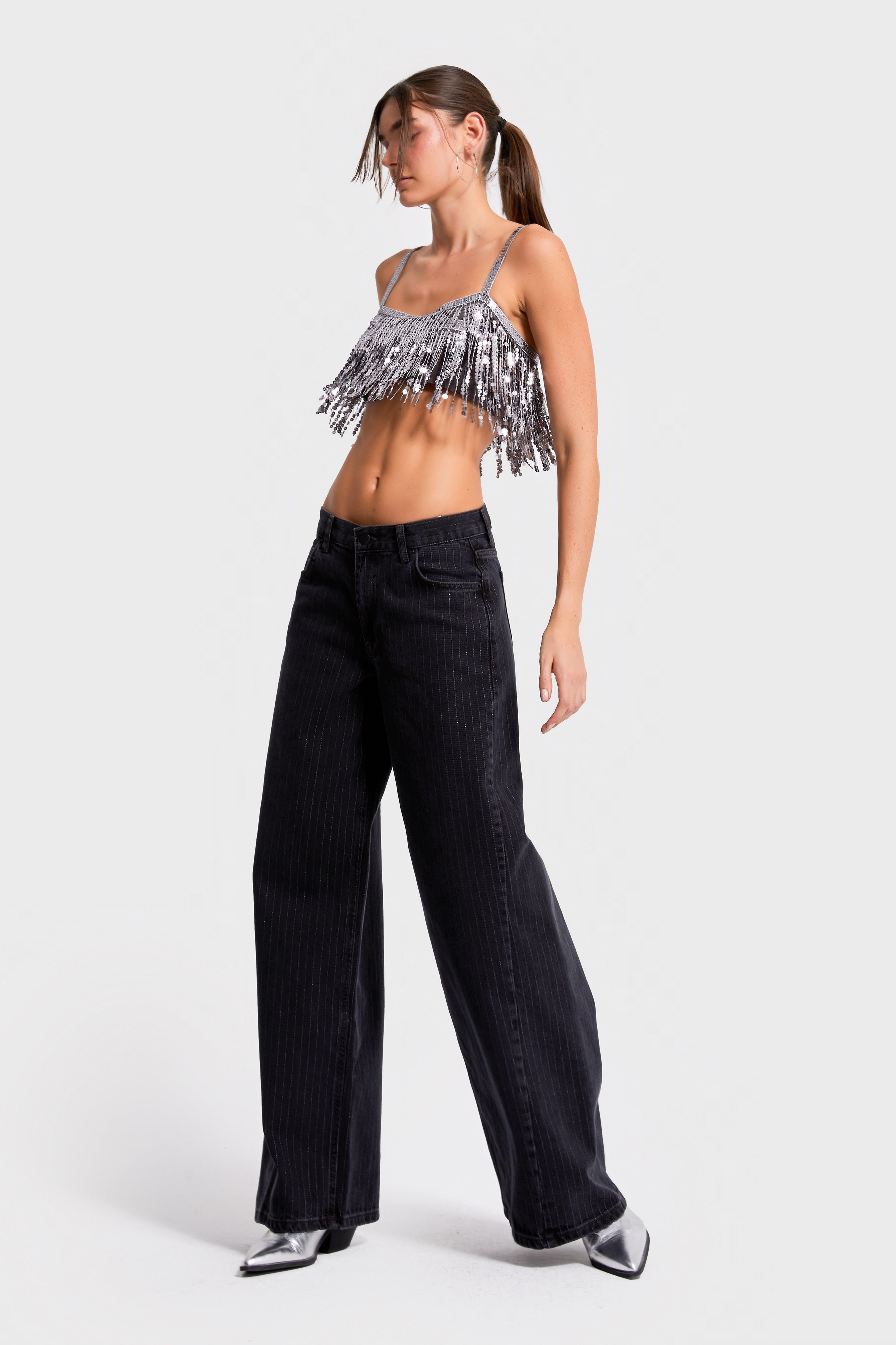 Kadın Füme Çizgili Renk 1w5-1 Süper Palazzo Fit Esnek Özel Kumaş İç Boy 80cm Denim Jean