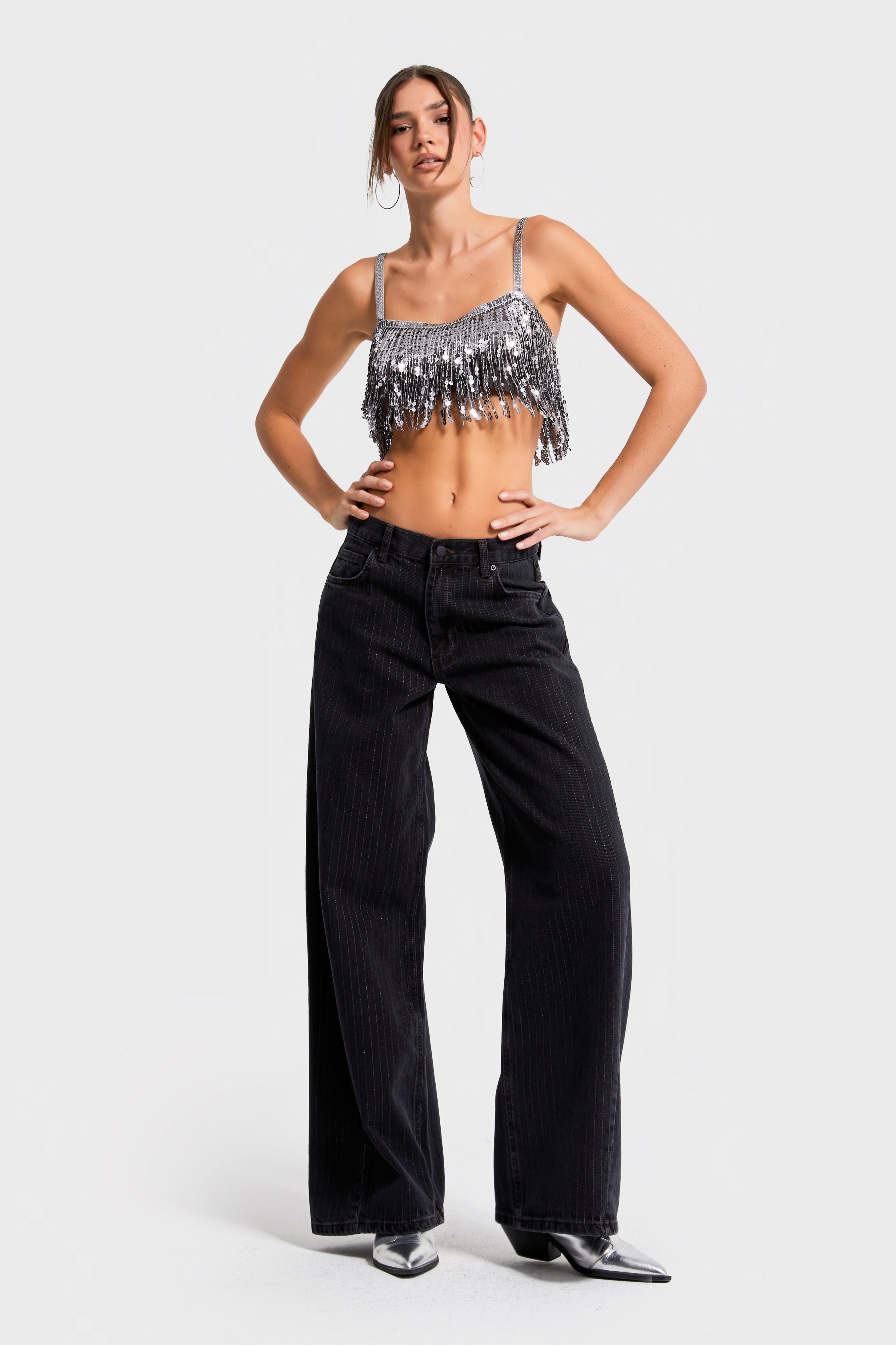 Kadın Füme Çizgili Renk 1w5-1 Süper Palazzo Fit Esnek Özel Kumaş İç Boy 80cm Denim Jean