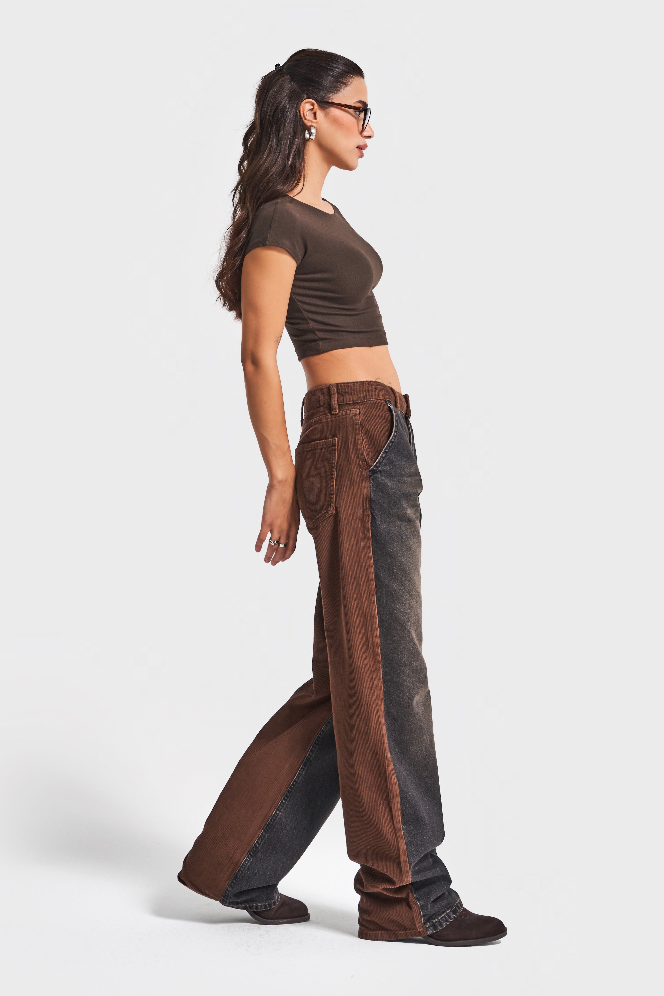 Kadın Füme Kahverengi 2w5-87 Loose Fit Denim Kadife Kumaş Parçalı Tasarım Pantolon
