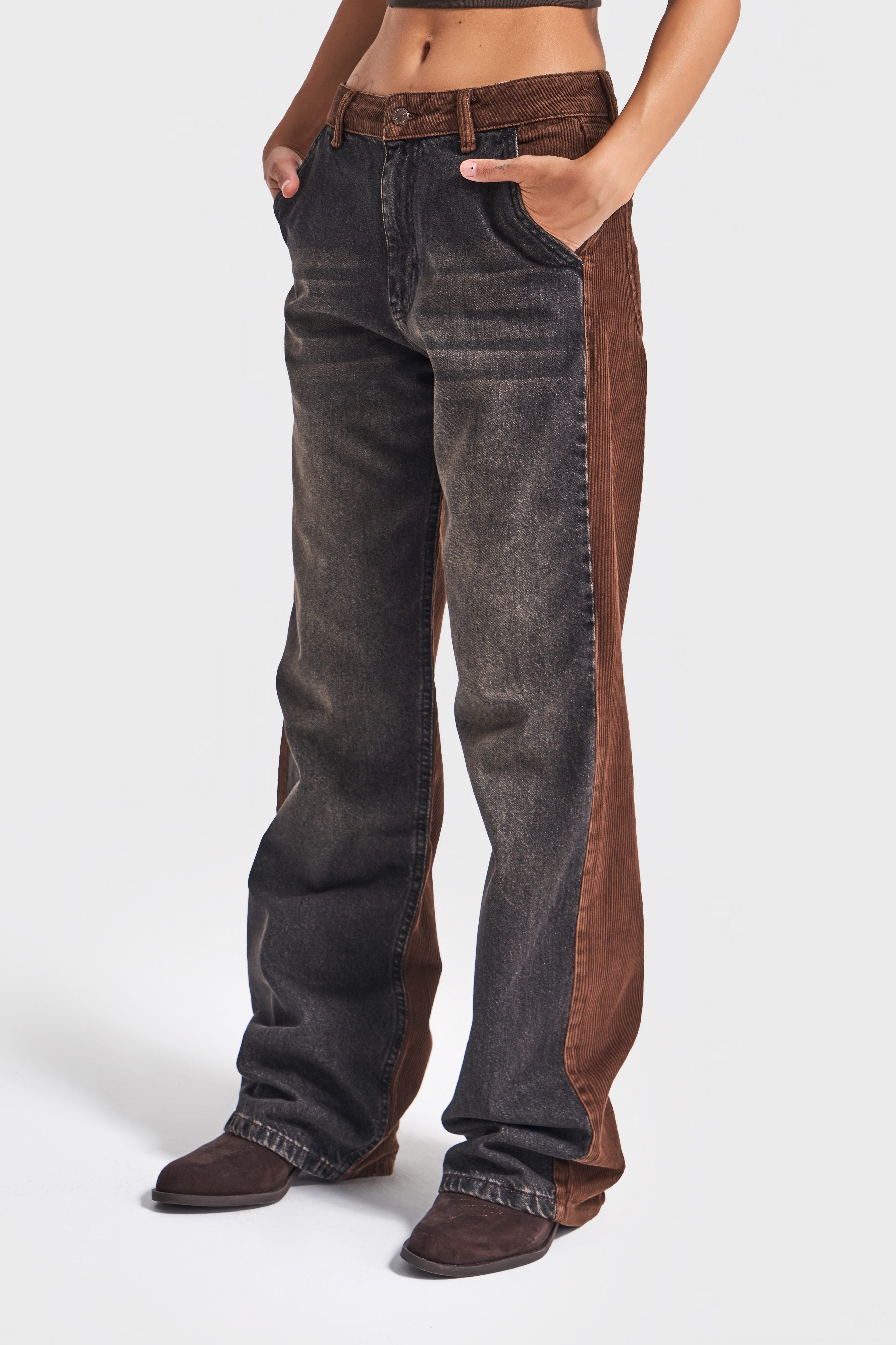 Kadın Füme Kahverengi 2w5-87 Loose Fit Denim Kadife Kumaş Parçalı Tasarım Pantolon