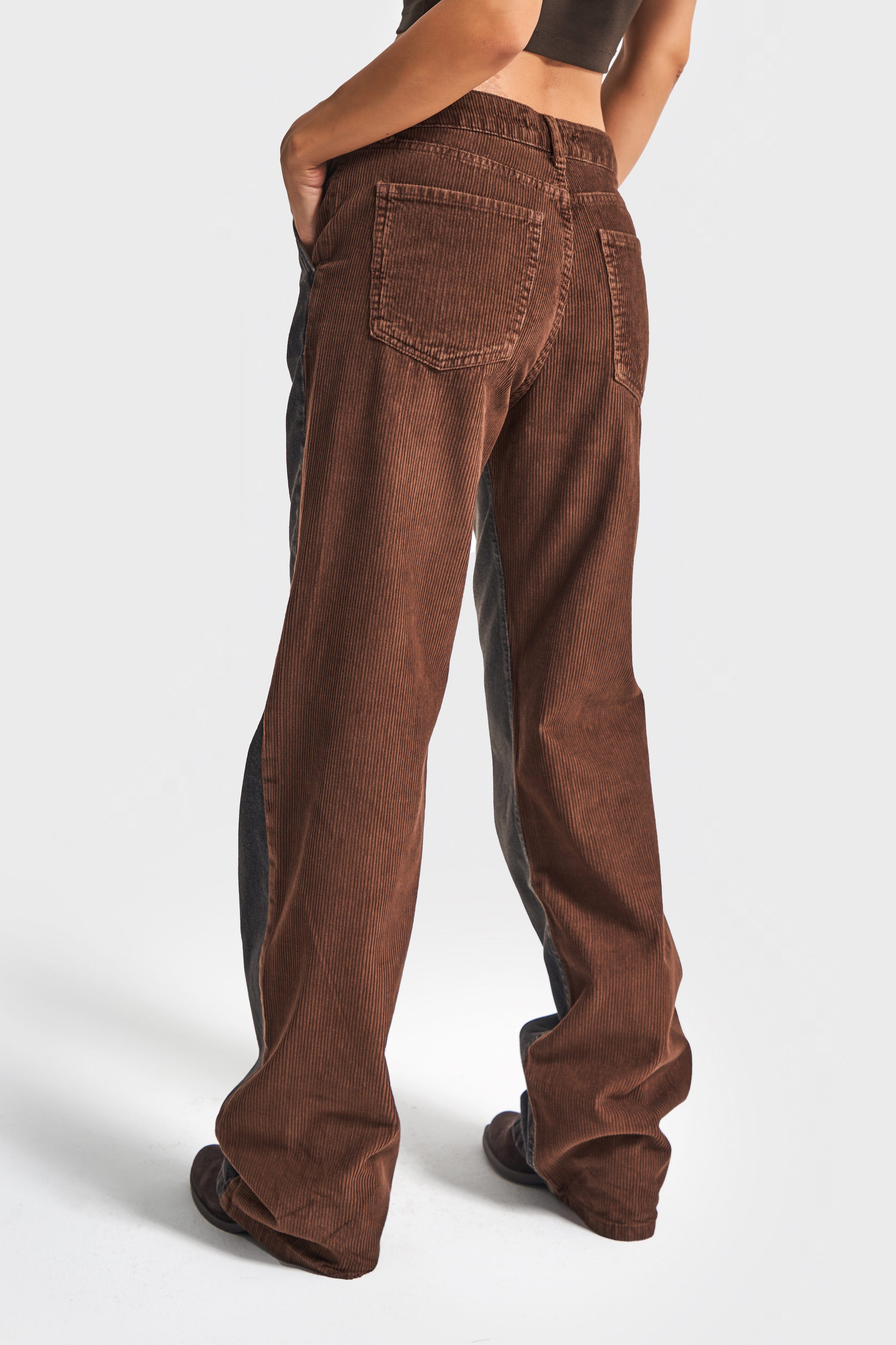 Kadın Füme Kahverengi 2w5-87 Loose Fit Denim Kadife Kumaş Parçalı Tasarım Pantolon