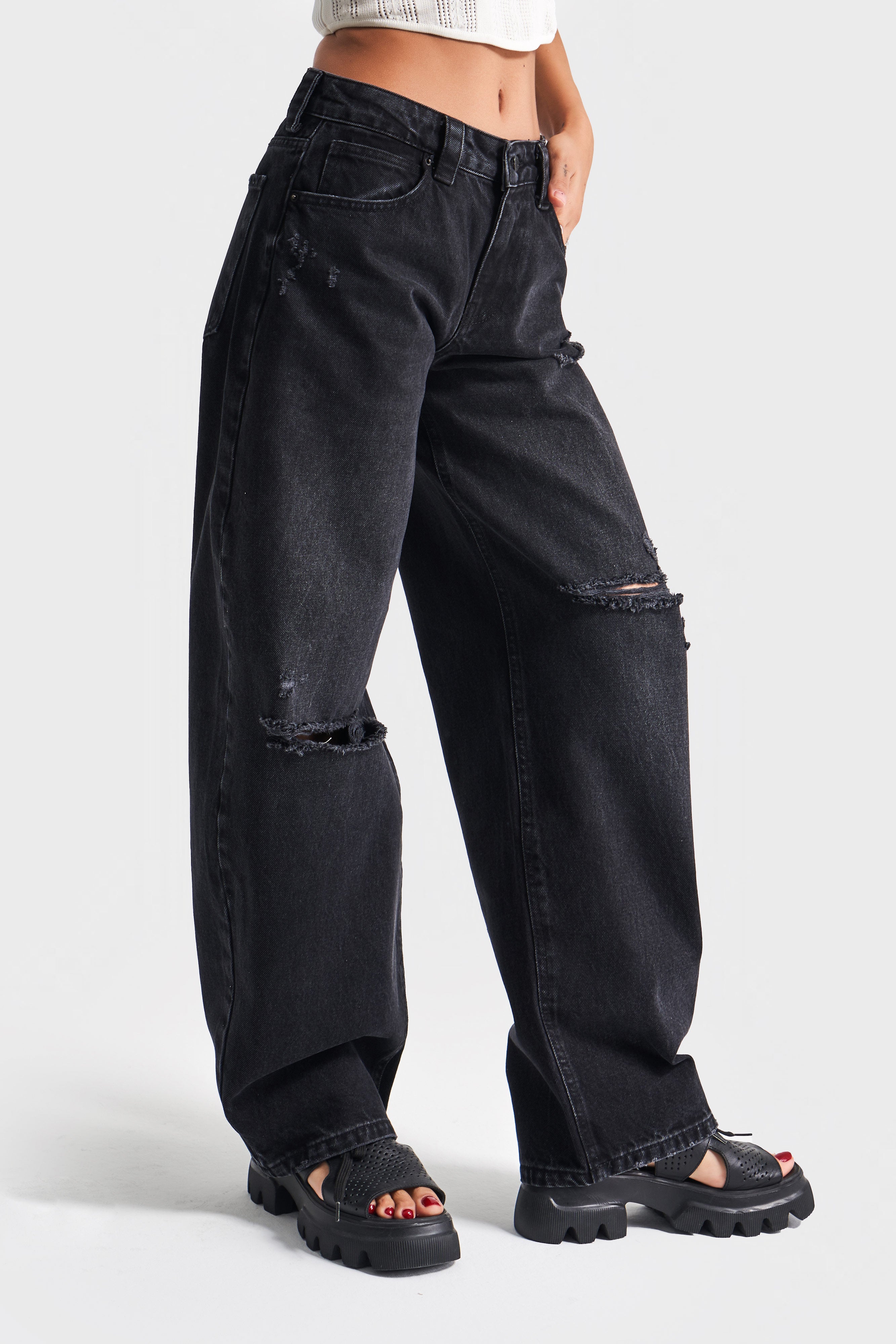 Kadın Füme Renk 10s5-1 Baggy Balloon Yırtık Detaylı %100 Koton Orta Bel Denim Jean
