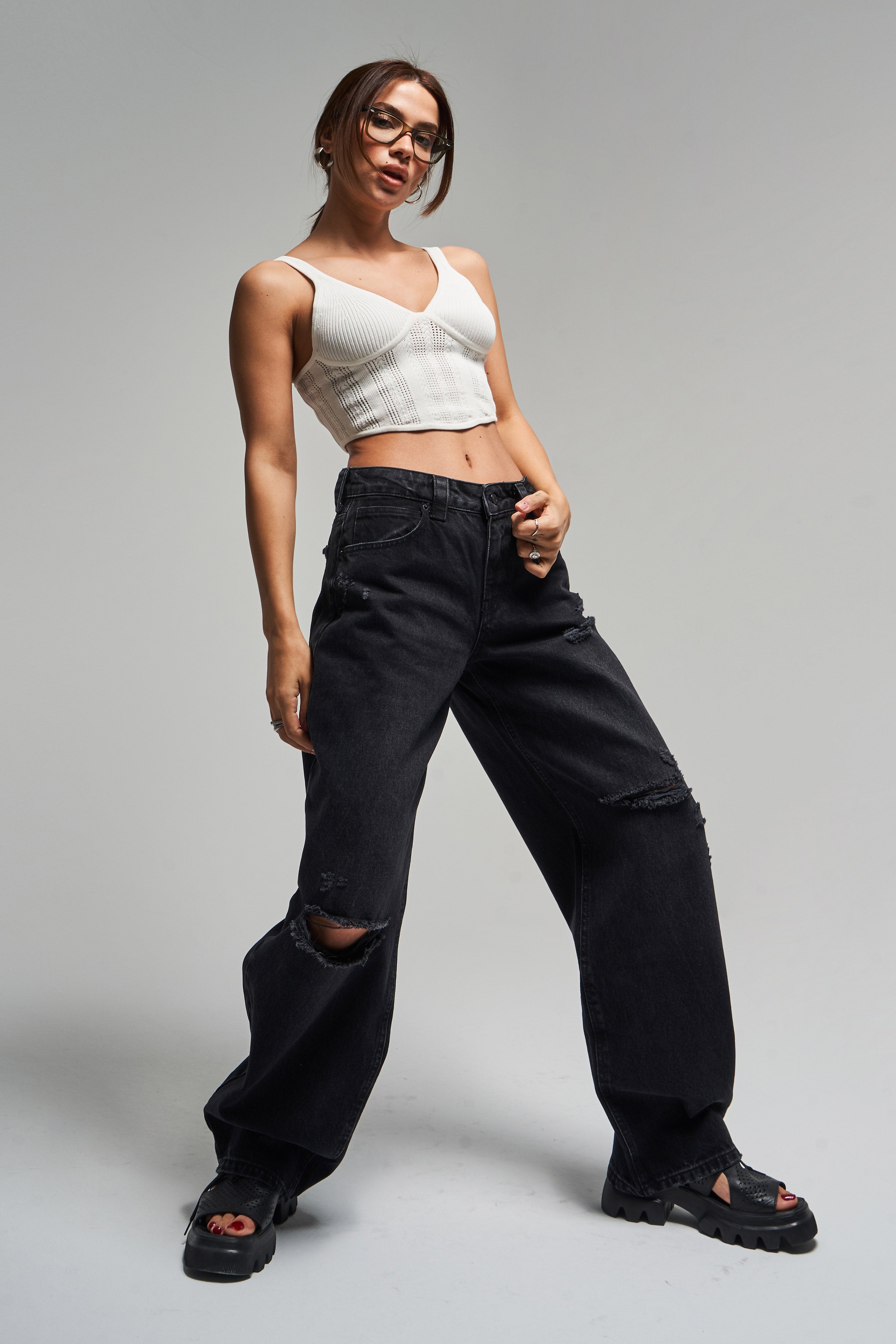 Kadın Füme Renk 10s5-1 Baggy Balloon Yırtık Detaylı %100 Koton Orta Bel Denim Jean