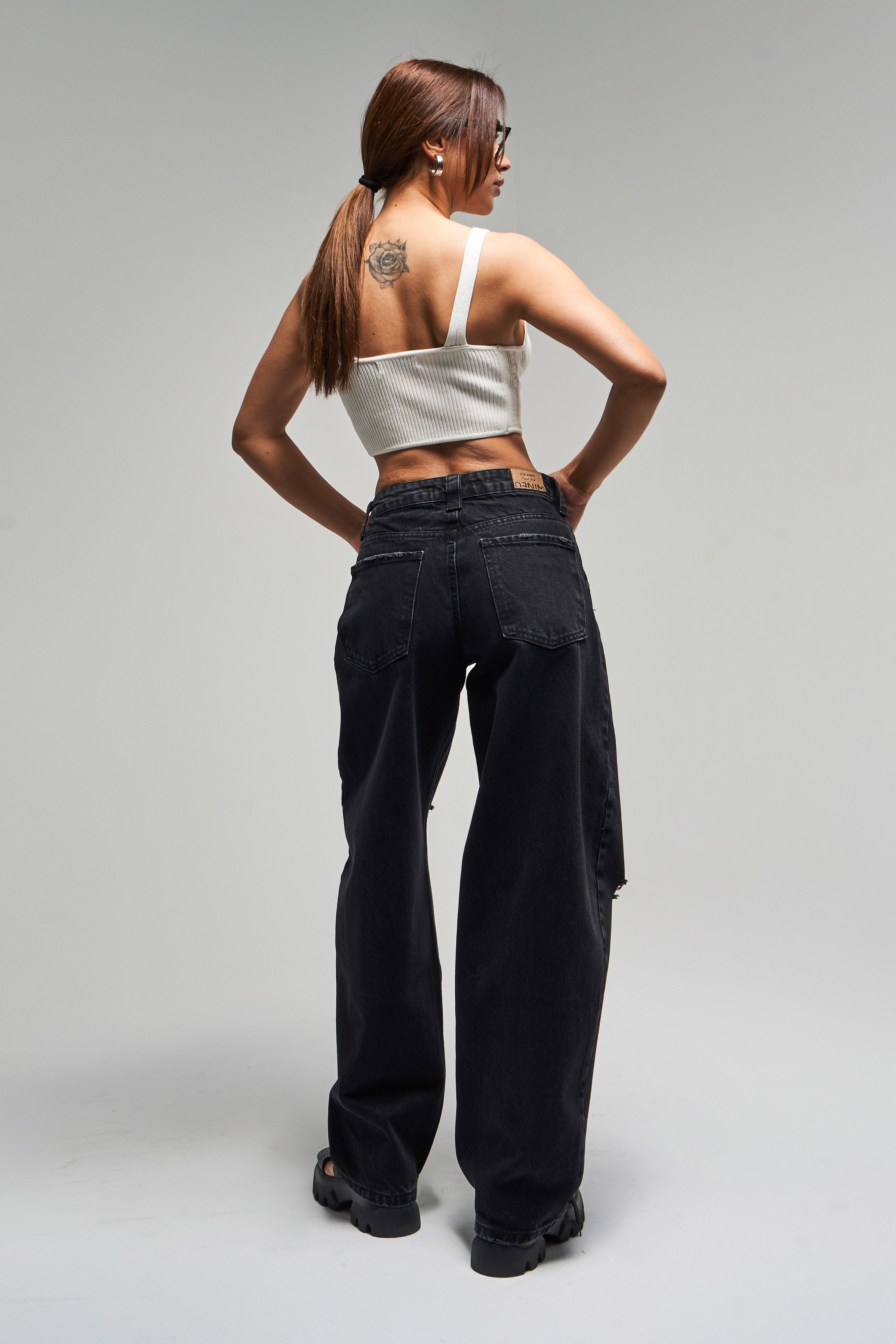 Kadın Füme Renk 10s5-1 Baggy Balloon Yırtık Detaylı %100 Koton Orta Bel Denim Jean