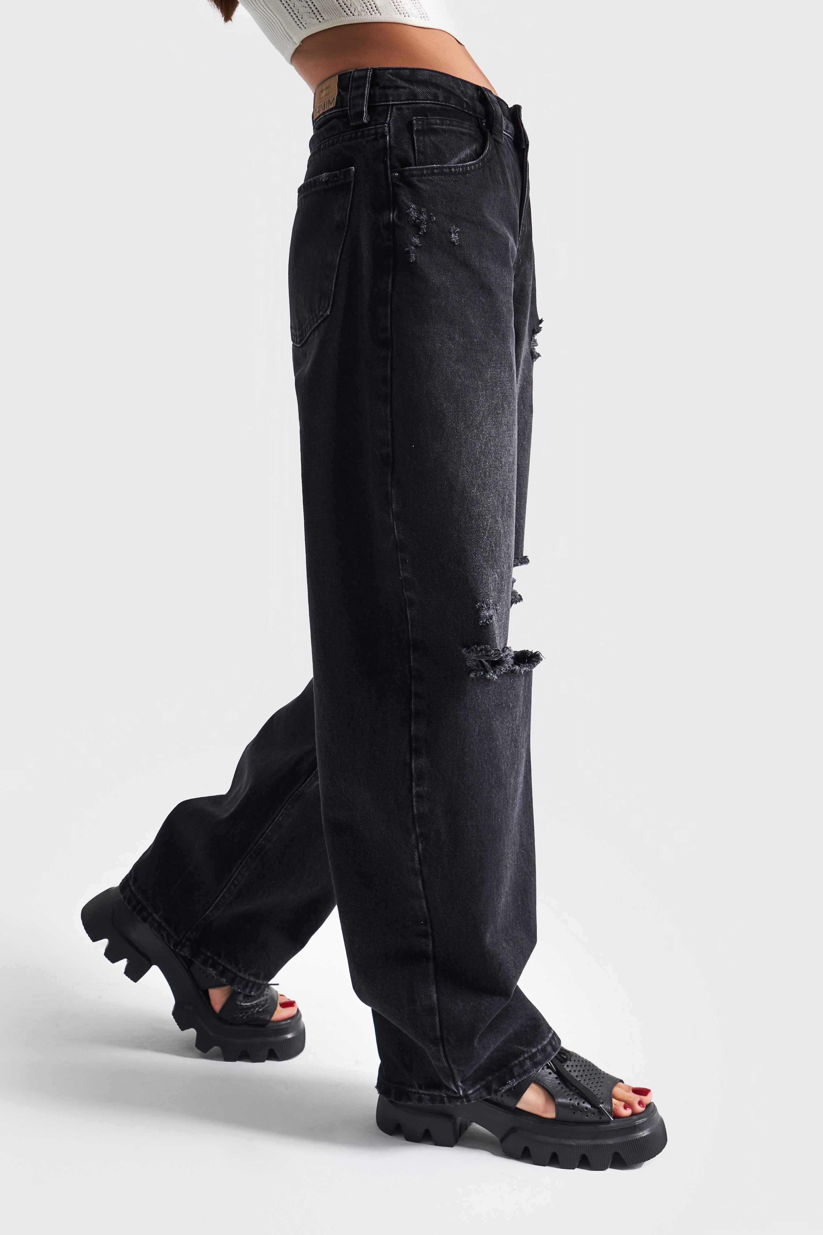 Kadın Füme Renk 10s5-1 Baggy Balloon Yırtık Detaylı %100 Koton Orta Bel Denim Jean
