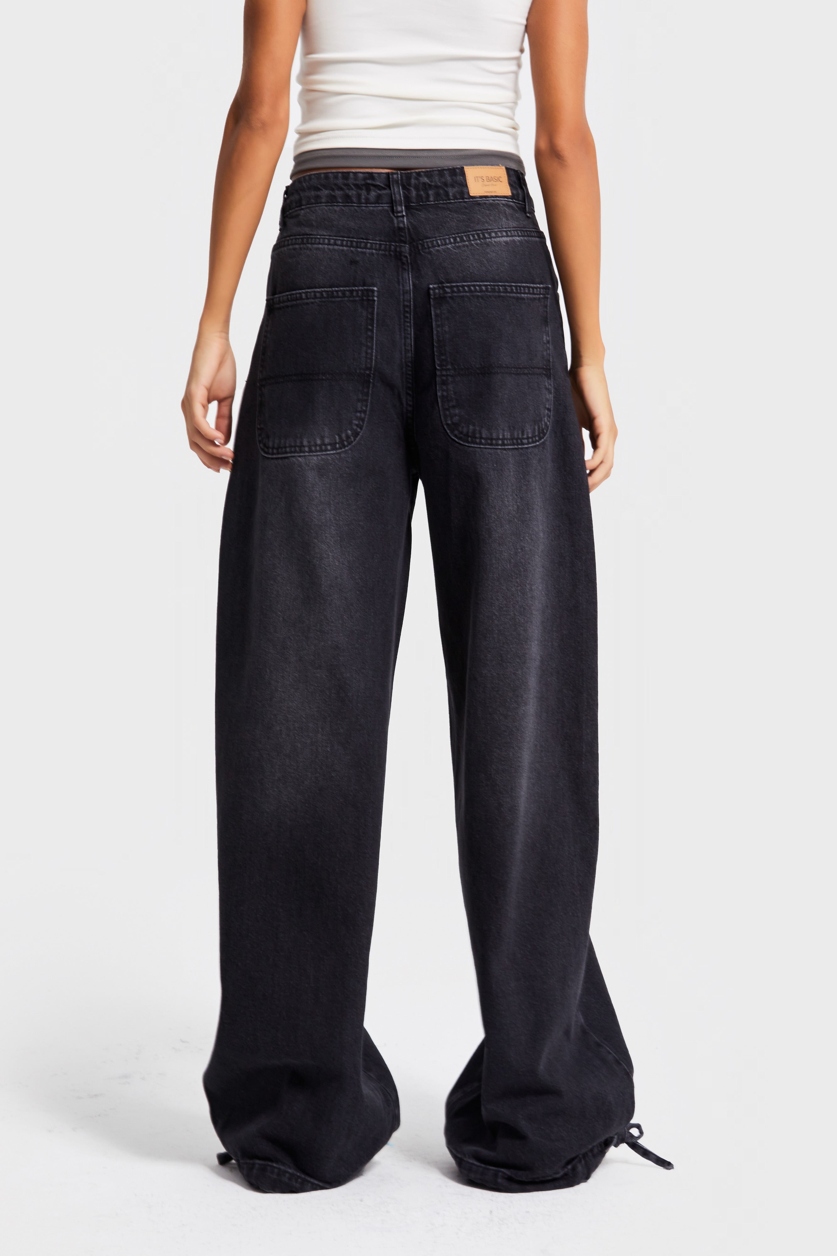 Kadın Füme Renk 2w5-1 Straight Baggy Fit %100 Koton Paça Bağcık Detaylı Bol Kesim Denim Jean