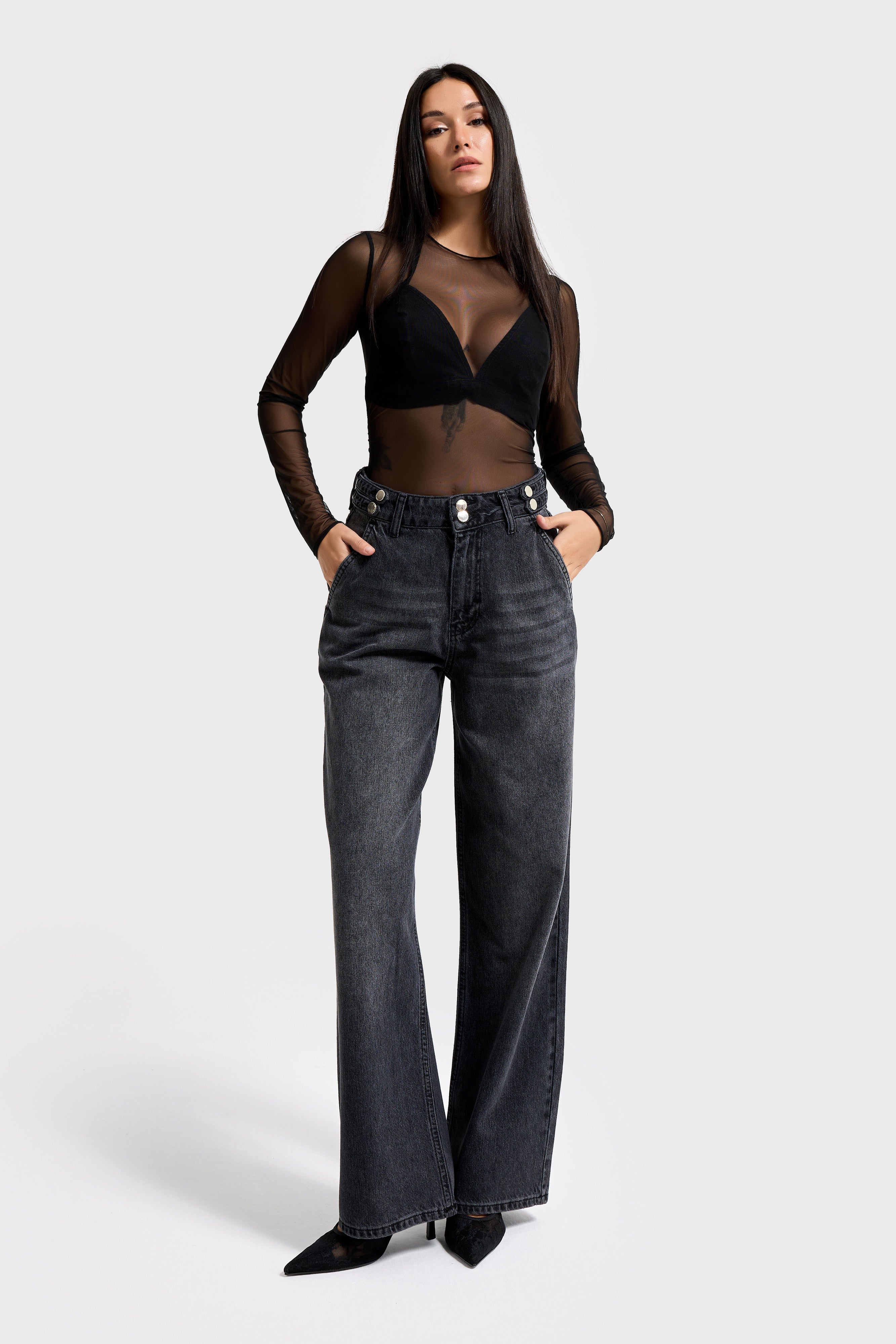 Kadın Füme Renk 2w5-1 Wide Leg Fit Bol Kesim %100 Koton Kemer Detaylı Denim Jean