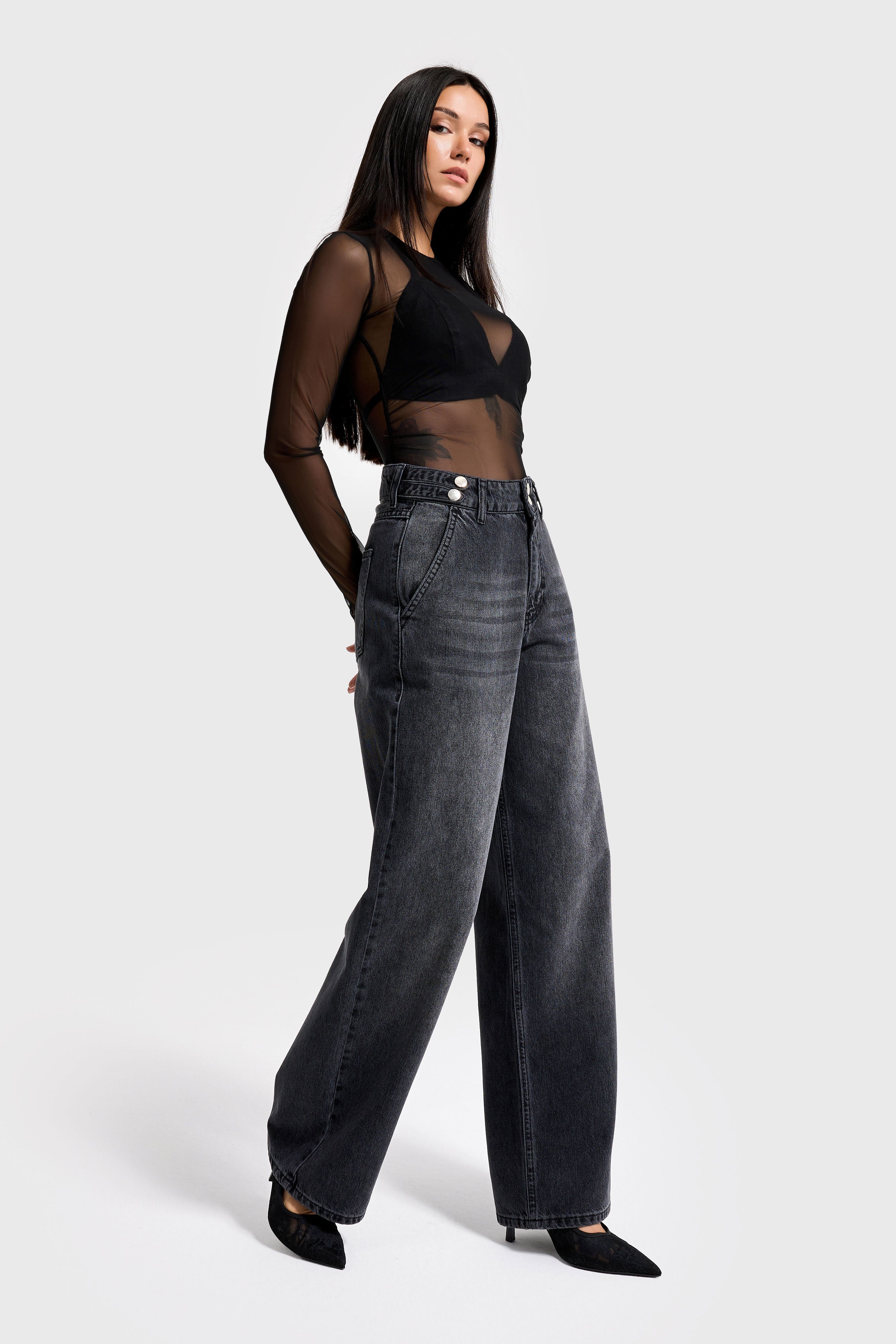 Kadın Füme Renk 2w5-1 Wide Leg Fit Bol Kesim %100 Koton Kemer Detaylı Denim Jean