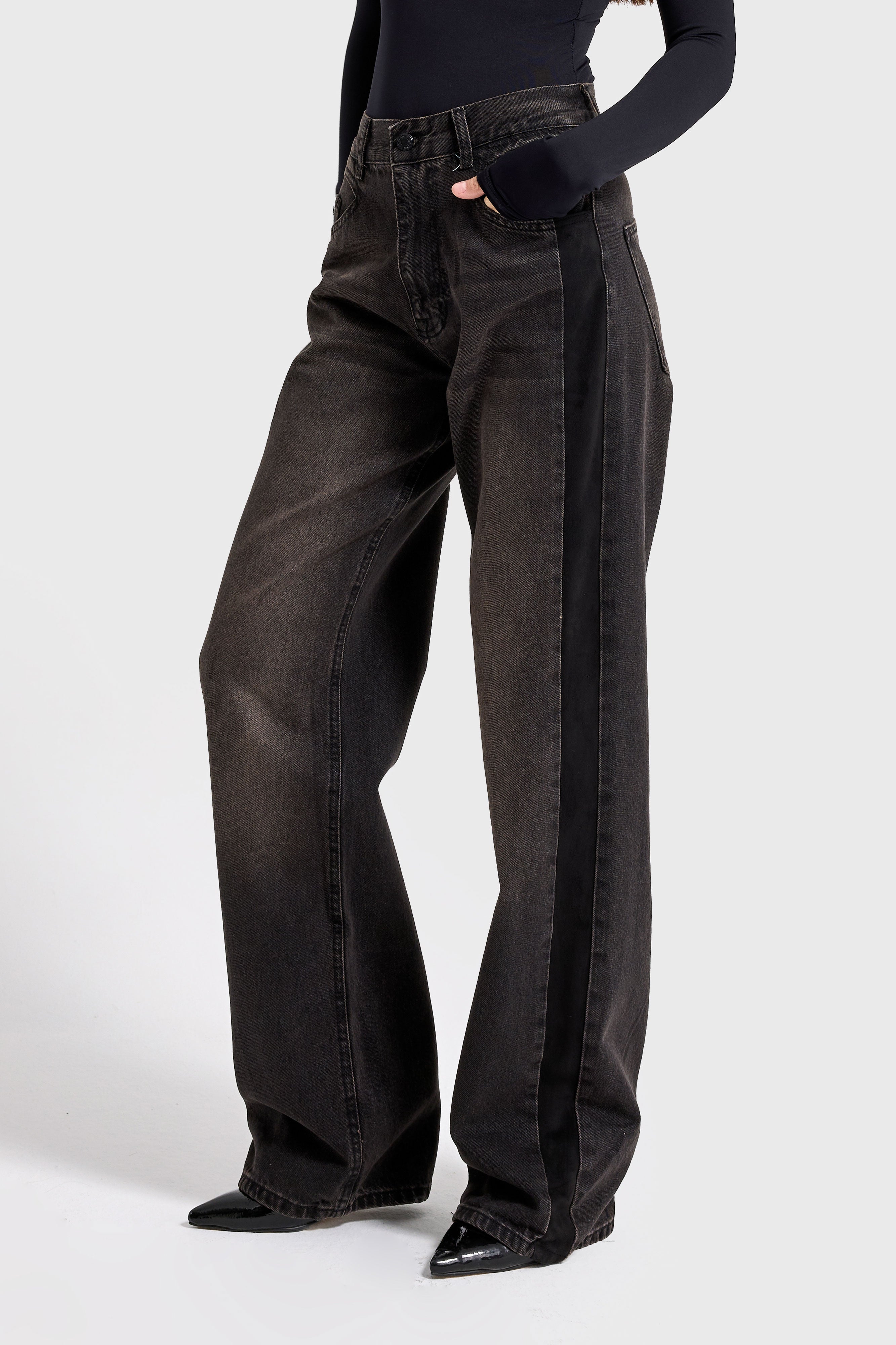 Kadın Füme Renk 2w5-62 Loose Fit Yan Süet Detaylı Özel Tasarım Denim Jean